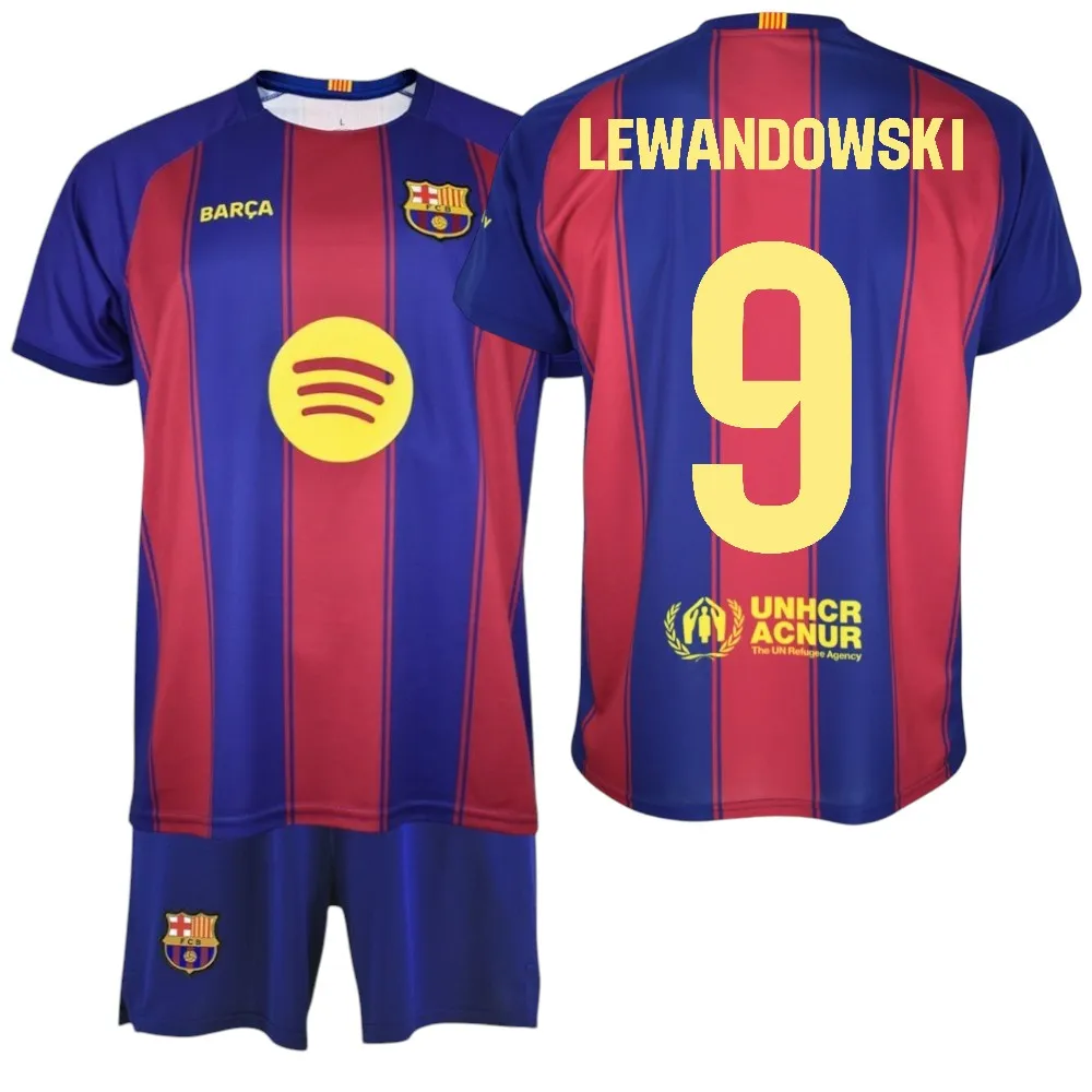 F.C Barcelona - Conjunto Camiseta y Pantalón Niño - Jugador LEWANDOWSKI Nº9 - Diseño Blaugrana Clásico - Escudo Bordado - Tejido Transpirable - Ideal para regalo