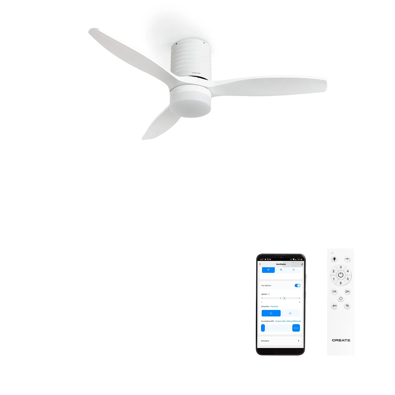 Create - 40w silent ceiling fan ø132 cm 100% wood, 6 speeds, summer/winter function, white motor horizontal lines, wind calm line