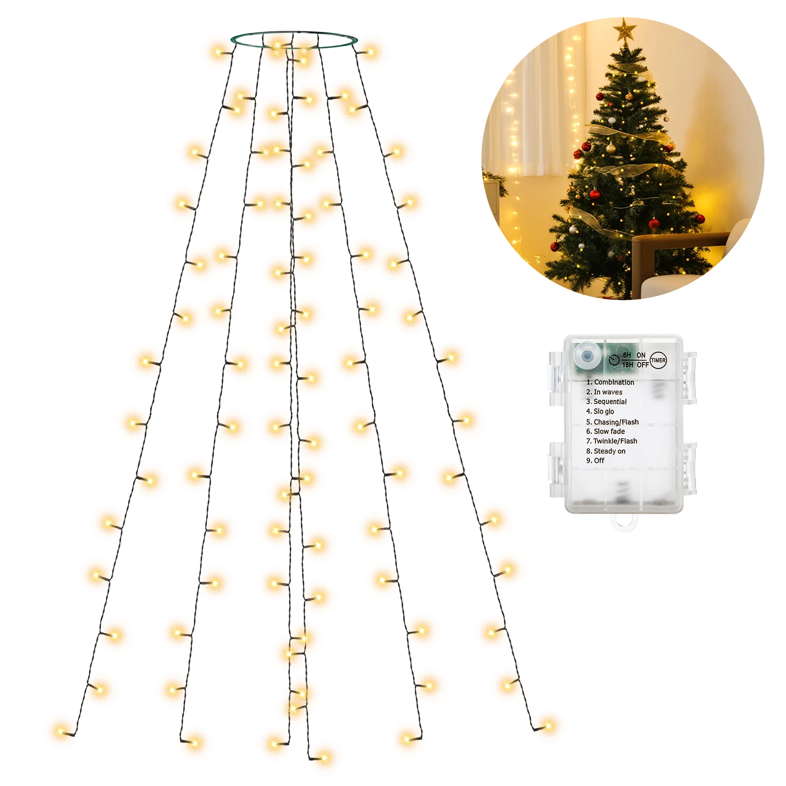 Aigostar Luces Arbol Navidad con Pilas, 108 LED 1.8m Arbol Navideño Luces con IP44 Impermeable 8 Modos, Blanco Cálido, Guirnaldas de Navidad para Fiesta y Jardín (No incluye pilas)