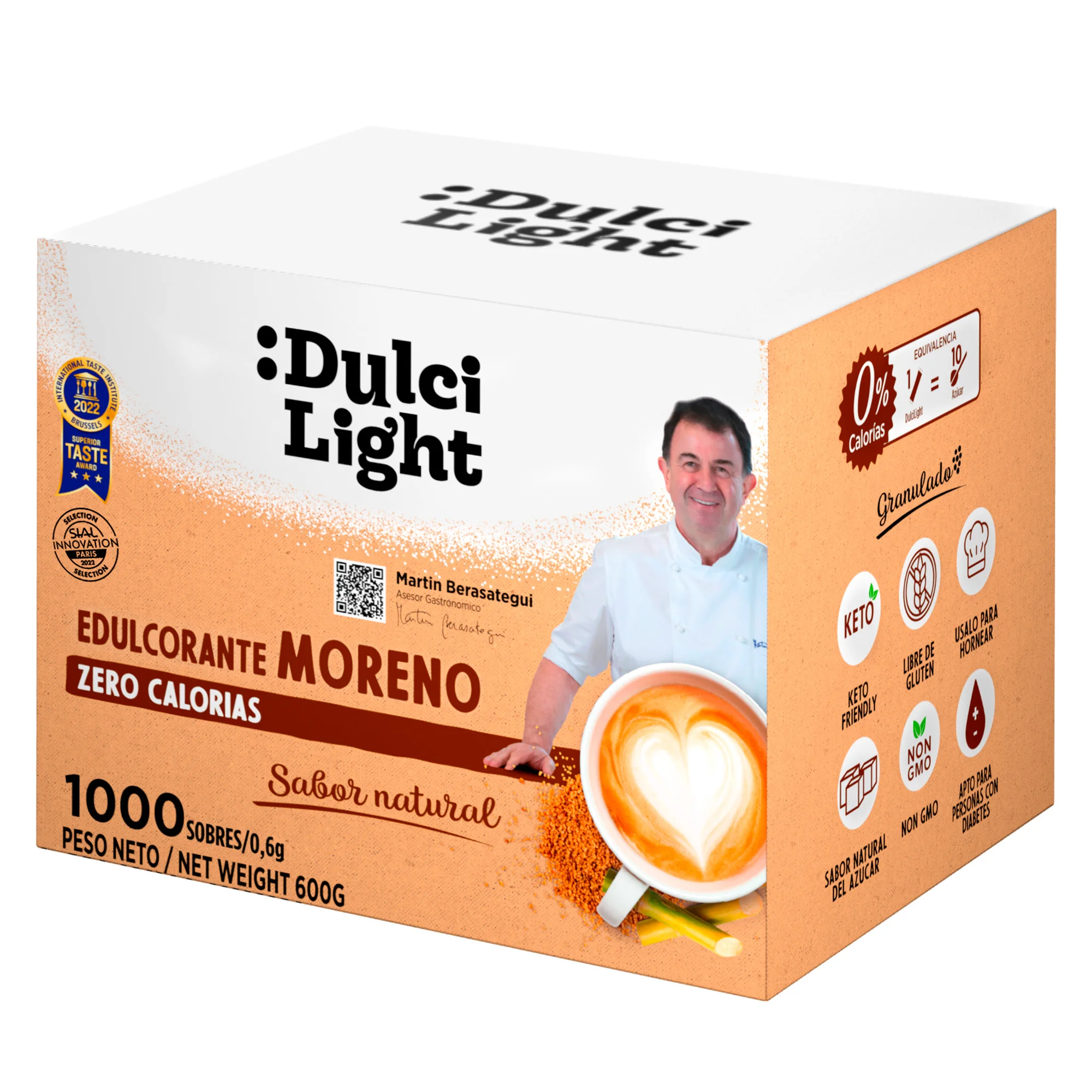 Dulcilight Edulcorante Moreno Zero  1000 Sobres Sustituto del azúcar Moreno Sabor Natural  Granulado con Fibra Vegetal  keto 1 sobre 0,6g = 2 cdas de azúcar No OMG  edulcorante sobres