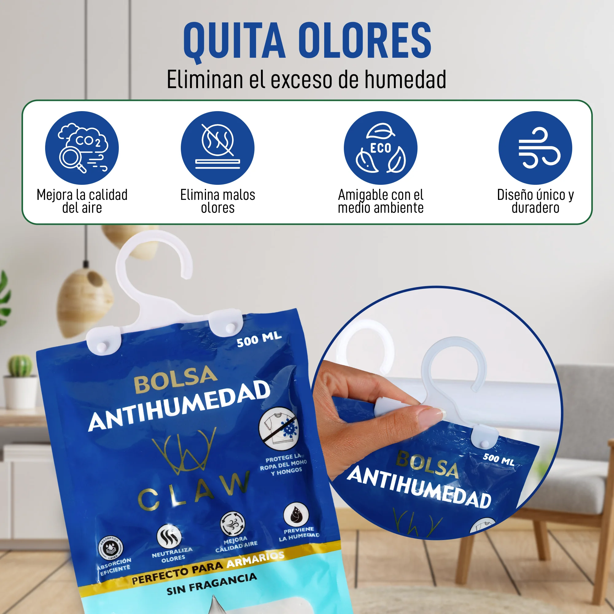 Claw project pack of 12 anti-humidity bags wardrobe clothes – dehumidifier hanging garage hanger – eliminates bad odors – moisture absorbent storage room, windows, boats - eliminate moisture room - neutralizes odors