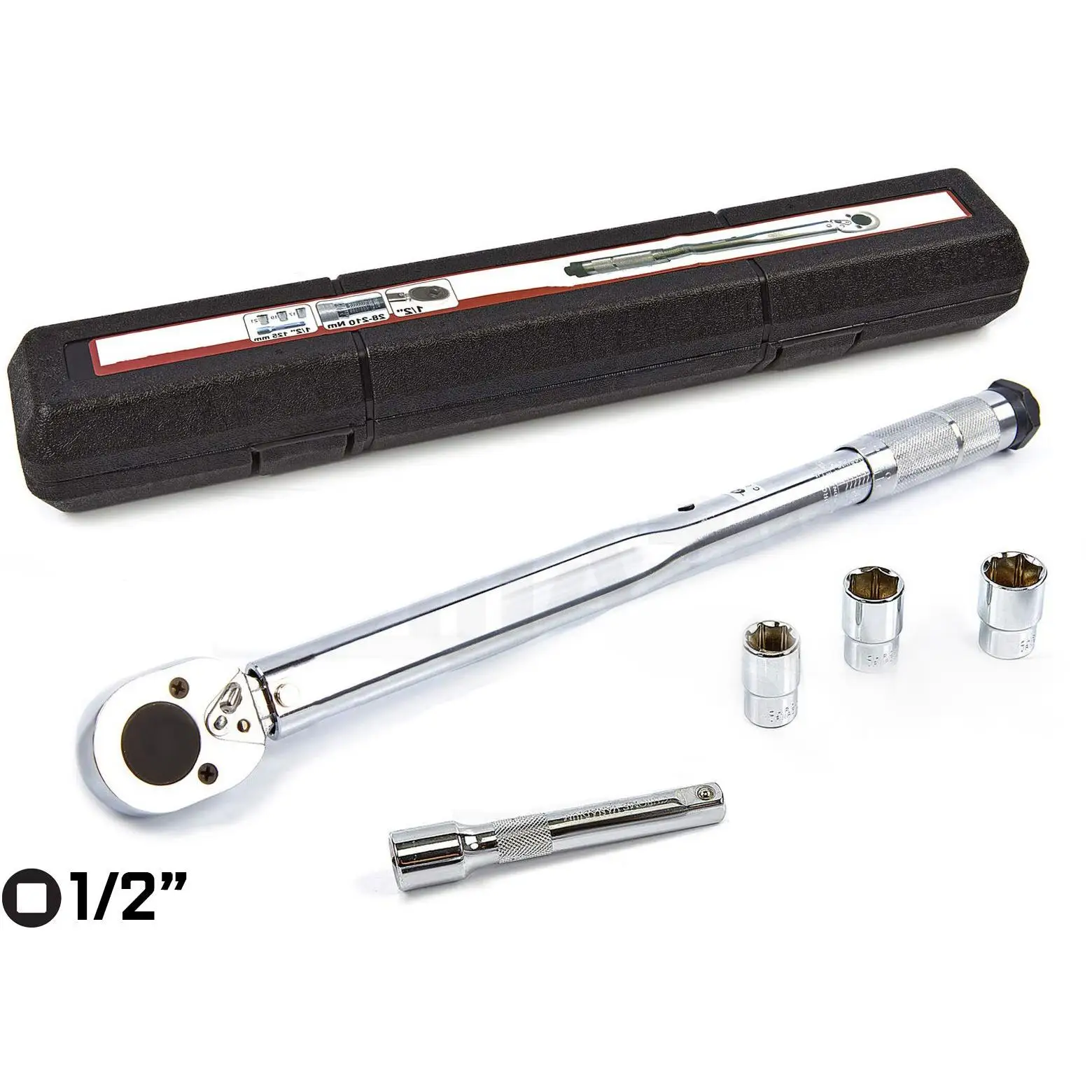 JOMAFA - LLAVE DINAMOMETRICA 1/2" 13.6-203.5 Nm con alargador y vasos 17, 19 y 21 mm. Con certificado de calibracion