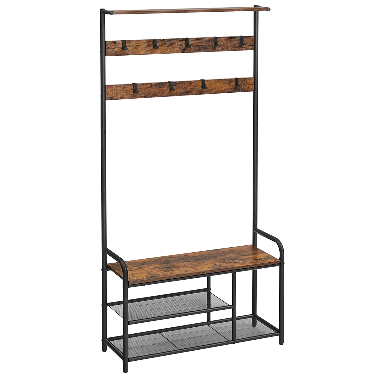 VASAGLE Perchero con Zapatero, Mueble Recibidor con 9 Ganchos Extraíbles, Banco, Estante, 30 x 85 x 180,5 cm, Pasillo Dormitorio Apartamento, Industrial, Marrón Rústico y Negro/Roble y Blanco, Regalo