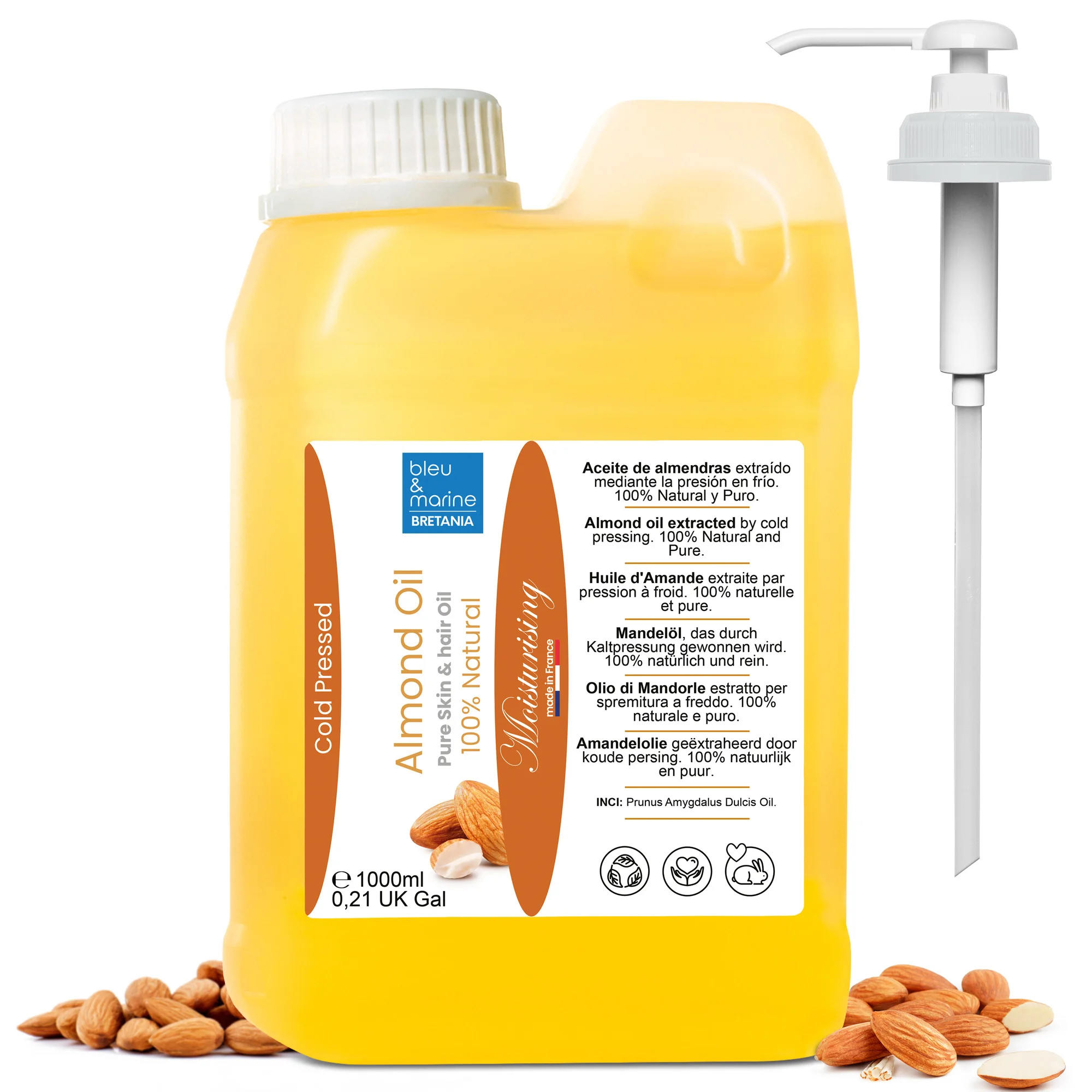 Bleu & Marine Bretania - Aceite de Almendras 100% Puro y Natural - Previene Estrías - Hidratante para Piel Seca - Desmaquillante Natural