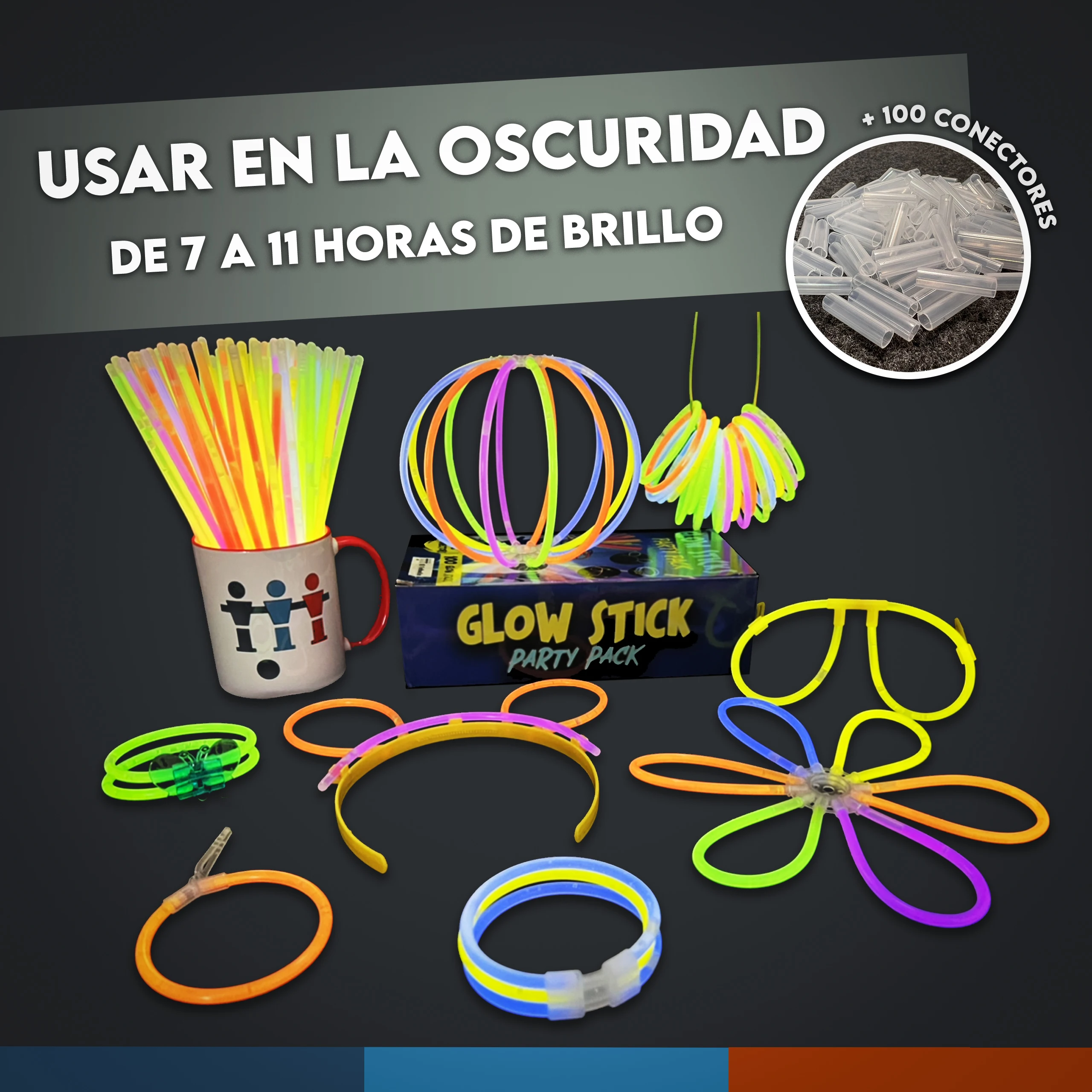 Luminous Fluorescent PARTY PACK 100 Neon Bars + 24 Special Connectors * Headbands-Collars-Earrings-Butterfly Bracelets * + 100 Simple Connectors Birthday PARTY Events Wedding Football