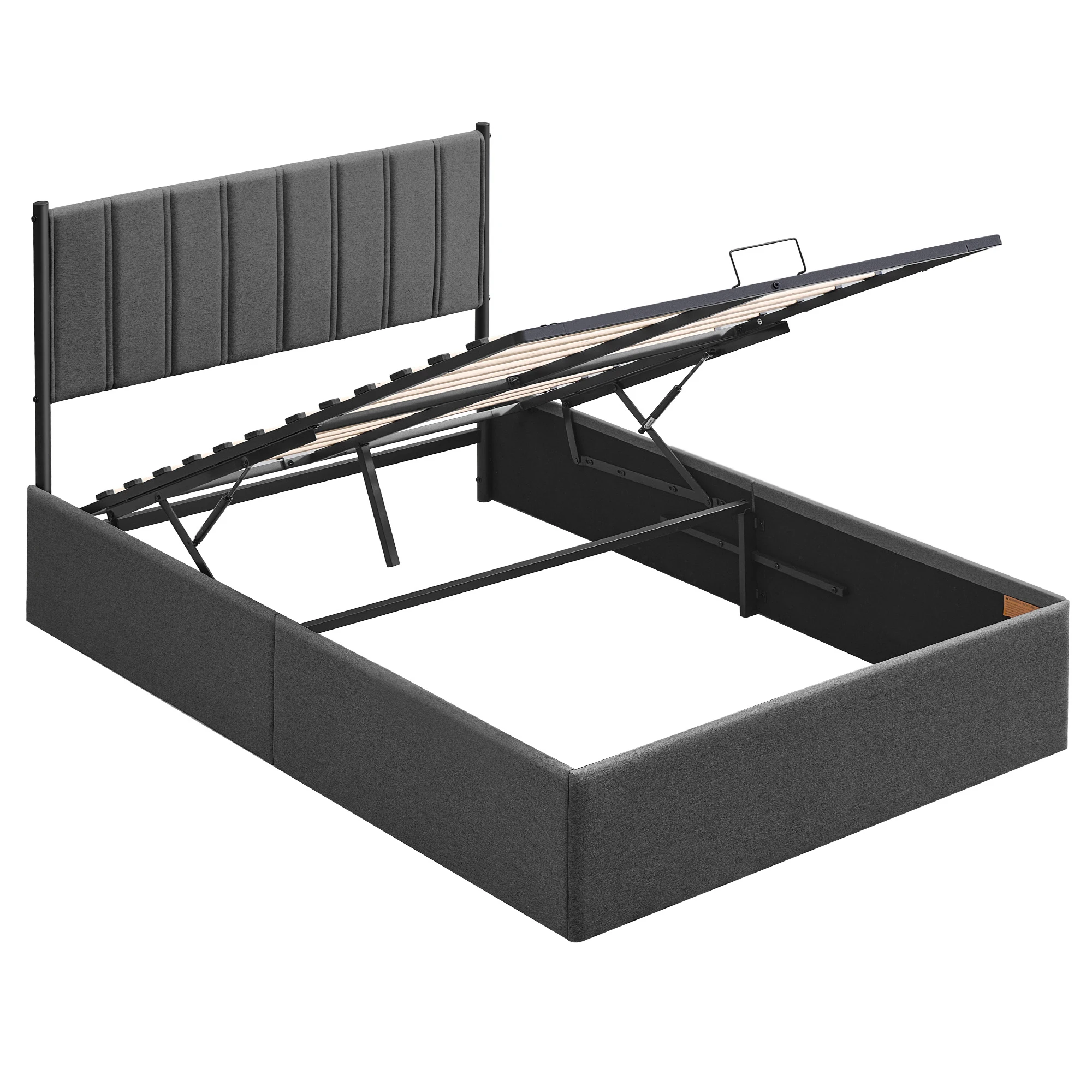 VASAGLE Marco de Cama, 140 x 200 cm, Cama Elevable, con Almacenaje, Cabecero, Sistema Hidráulico, Moderno y Minimalista, Fácil Montaje, Gris Oscuro/Beige Capuchino