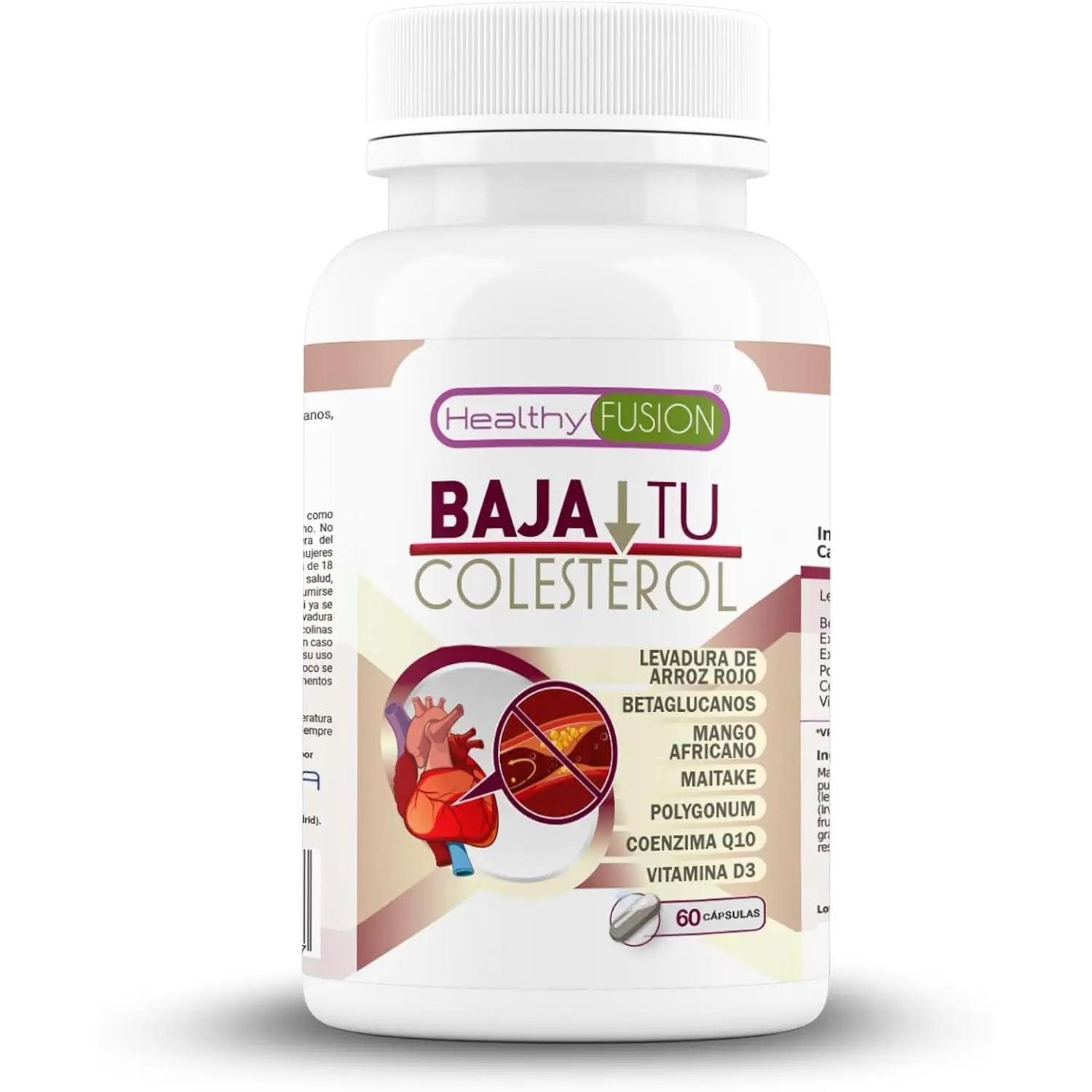 Healthy Fusion | Levadura Roja de Arroz + Monacolina K 2.9mg | Tratamiento natural para colesterol, lípidos y triglicéridos | Coenzima Q10, Resveratrol, Betaglucanos | 60 cápsulas
