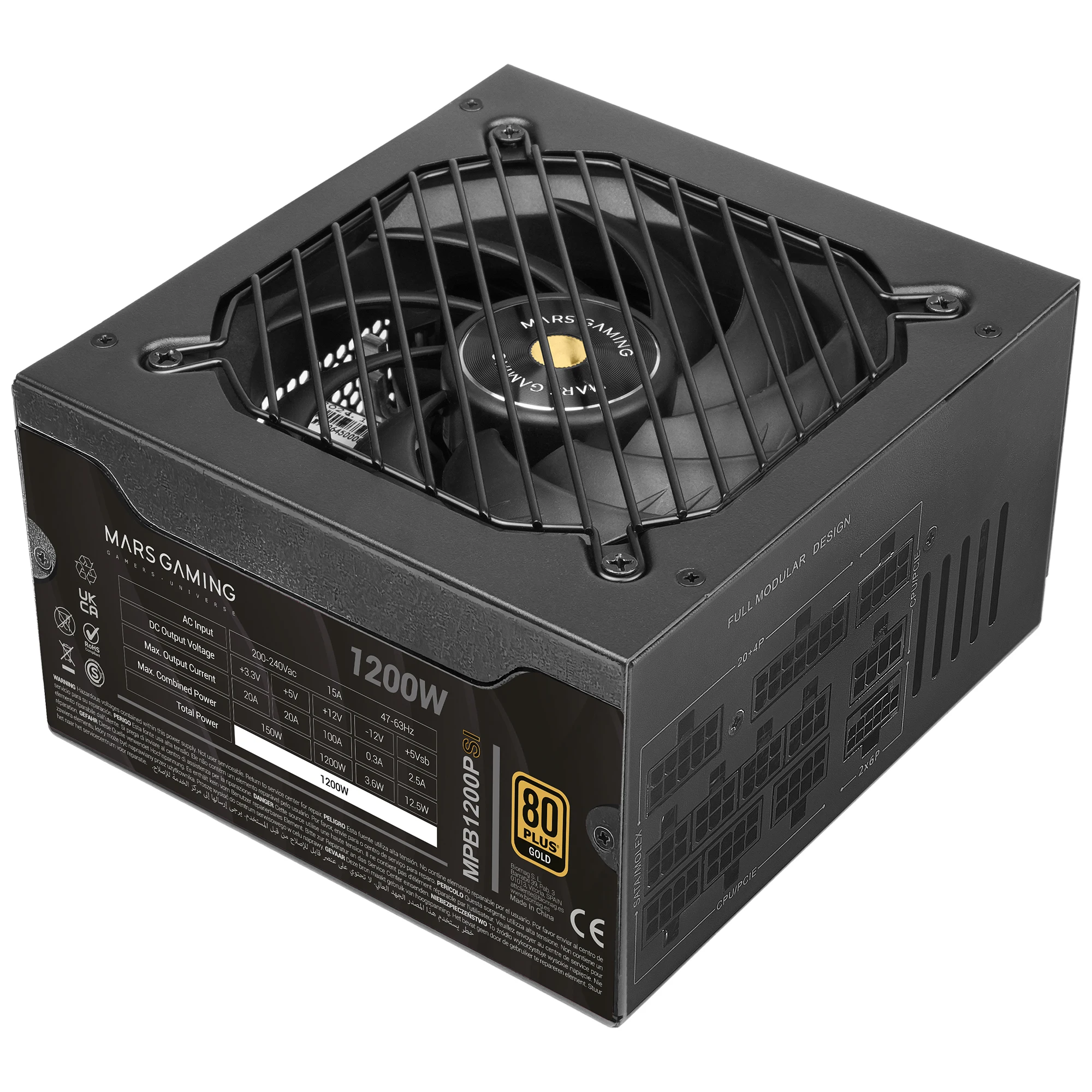 Mars Gaming MPB1200PSI, Fuente de Alimentación PC Full Modular 1200W, 10 Años de Garantía, 80Plus Gold 90%, Ventilador SI Extreme Silence, Tecnologías AI2-RPM, DC-DC y SMD, ATX 3.1 y PCIe 5.1, Fuente