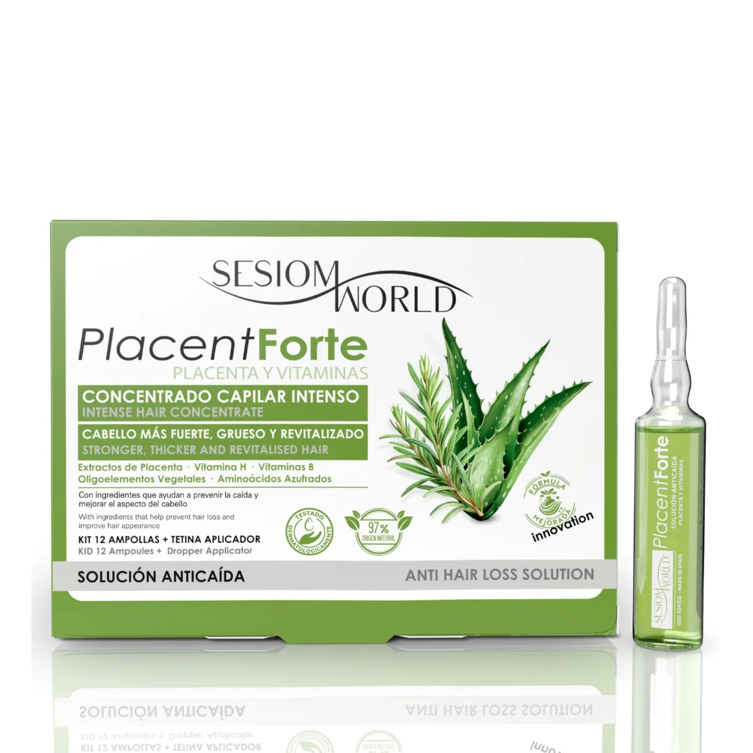 Tratamiento Anticaída PlacentForte Placenta y Vitaminas KIT 12 AMPOLLAS con un 97% de origen natural. Fórmula Mejorada