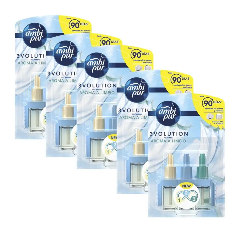 Ambi Pur 3Volution Ambientador Eléctrico Recambio Aroma a Limpio, 3 Fragancias Complementarias Para Eliminar Los Malos Olores, 5 unidades de 21ml