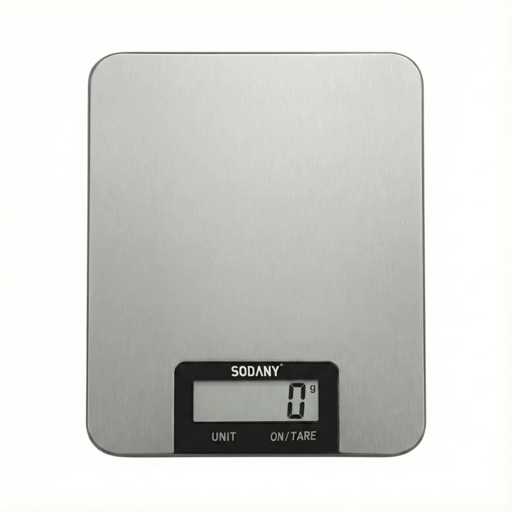 SODANY Báscula de Cocina Digital de Alta Precisión 5kg/1g,  Acero Inoxidable, Pantalla LCD, Función Tara y Batería Incluida