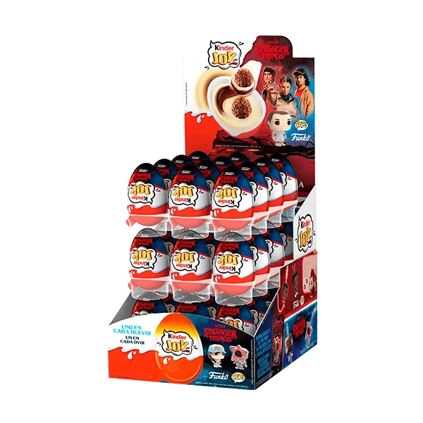 Kinder joy stranger things - box with 36 summer eggs with milk cream and cocoa and 2 chocolate balls - contains a toy inside