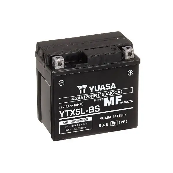 Batería Moto YUASA YTX5L-BS 12V 4.2Ah 80Amp.  AGM  .  Gama YTX® e YT de alto rendimiento sin mantenimiento. Medidas: Longitud	115 mm Anchura	72 mm Altura	107 mm