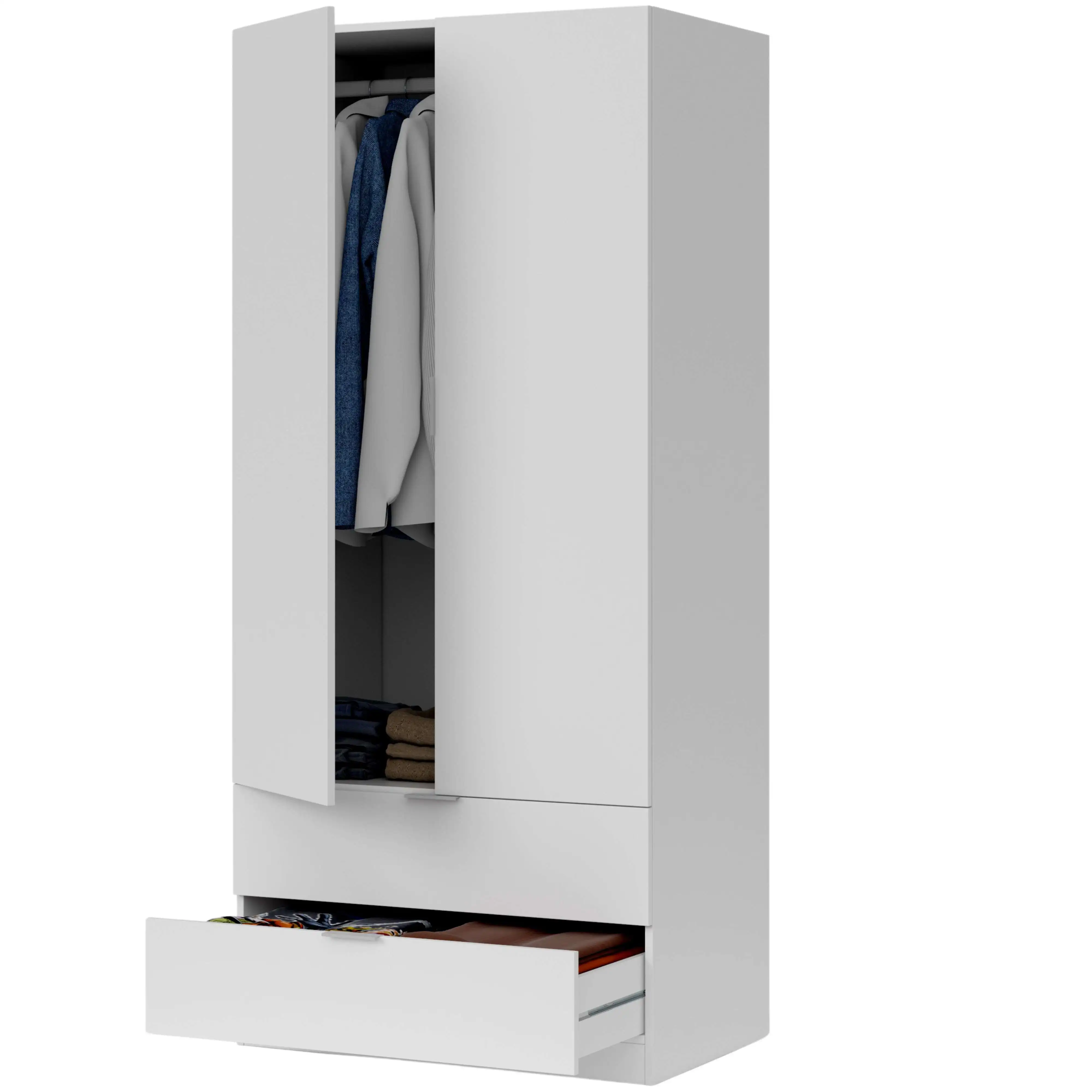 Wardrobe with 2 folding doors 2 drawers matte white bedroom youth room furniture 180x82x52 cm