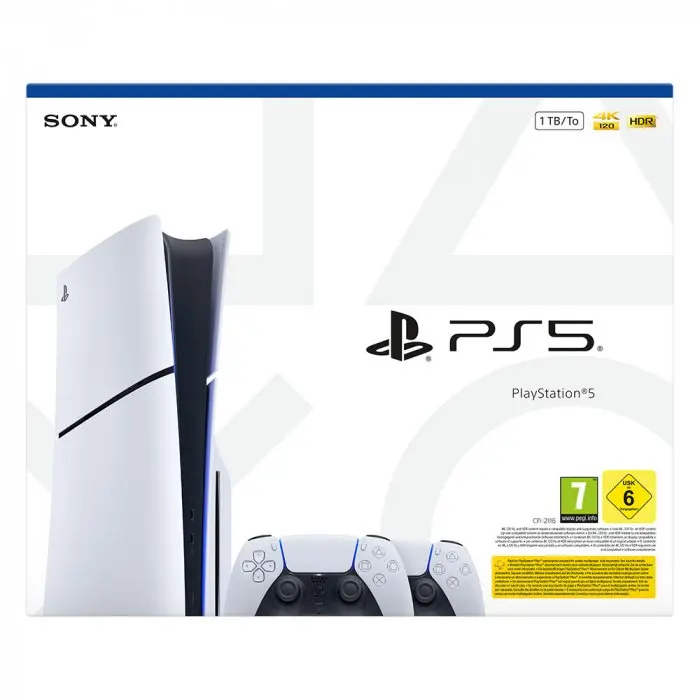 PlayStation 5 Console 1TB Slim with 2 DualSense Controllers, includes ASTRO'S PLAYROOM game, perfect for multiplayer gaming, optical disc media, and additional accessories for enhanced gameplay.