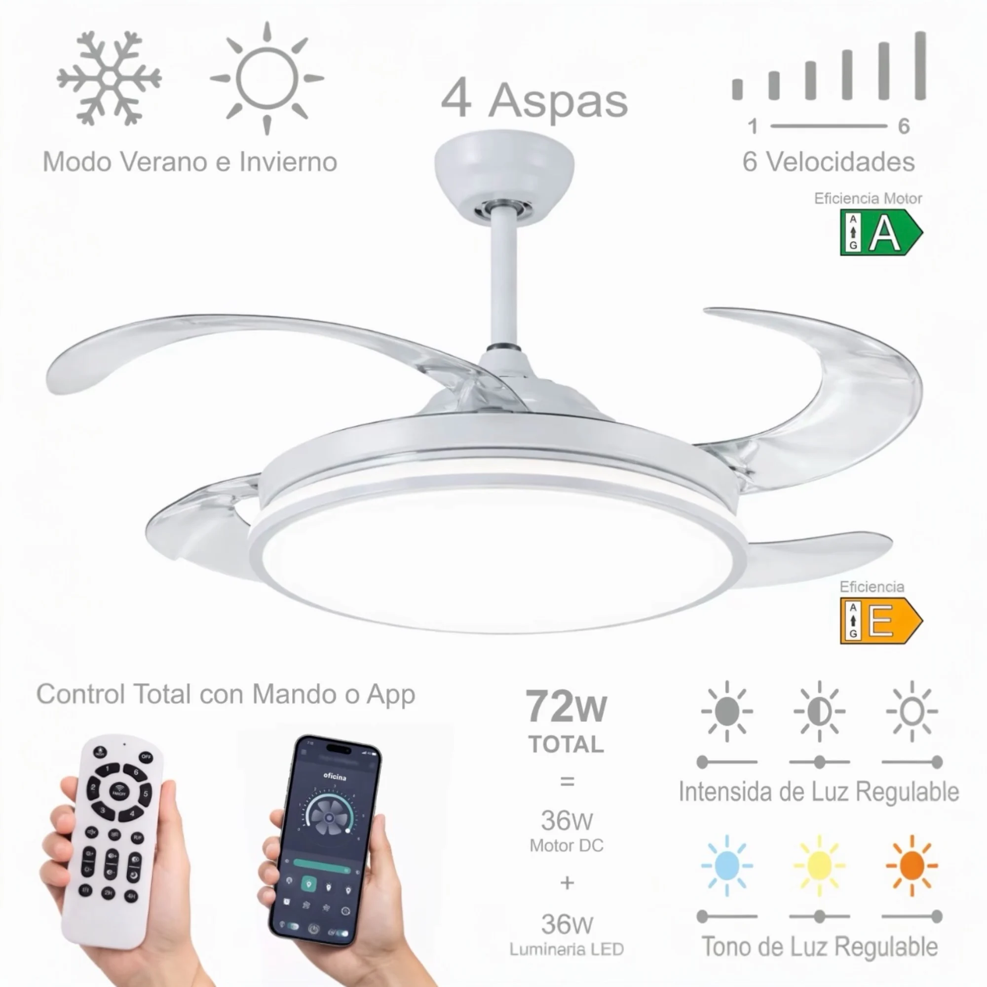 Ventiladordetecho72WconluzLED36Wymotor36WBlancoen3TemperaturasdeLuzconMandoaDistancia-MotorDCEficienteySilencioso,3tonalidades,aspasdesplegablesretráctiles,6velocidades,controlremoto,memoria,temporizador.-AliExpress6