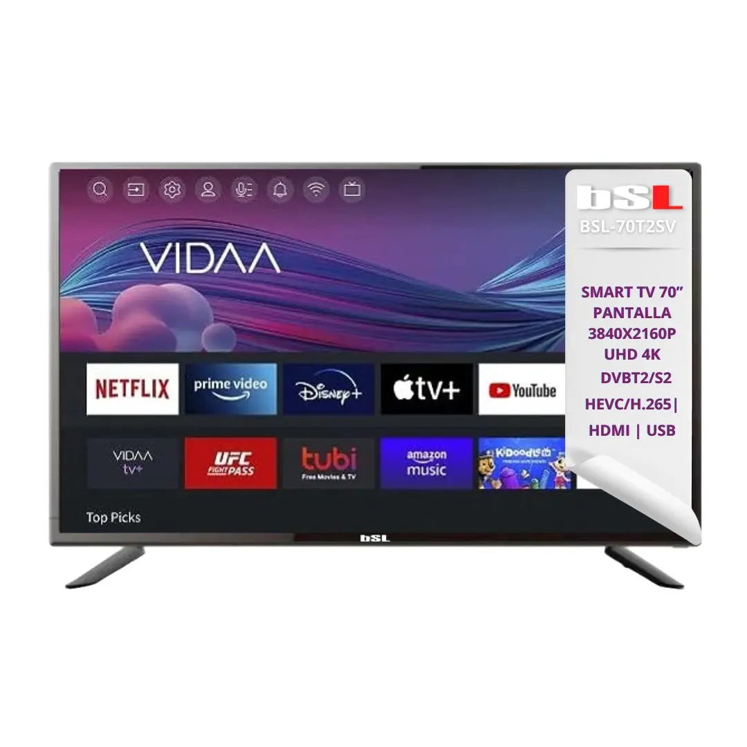 BSL-70T2SV VIDAA Smart TV 70 inch WiFi RJ45 resolution UHD 3840X2160p USB DVBT2/S2/C Compatible with Youtube, Netflix, Disney +, Dazn, Prime HDMI [energy efficiency class E]