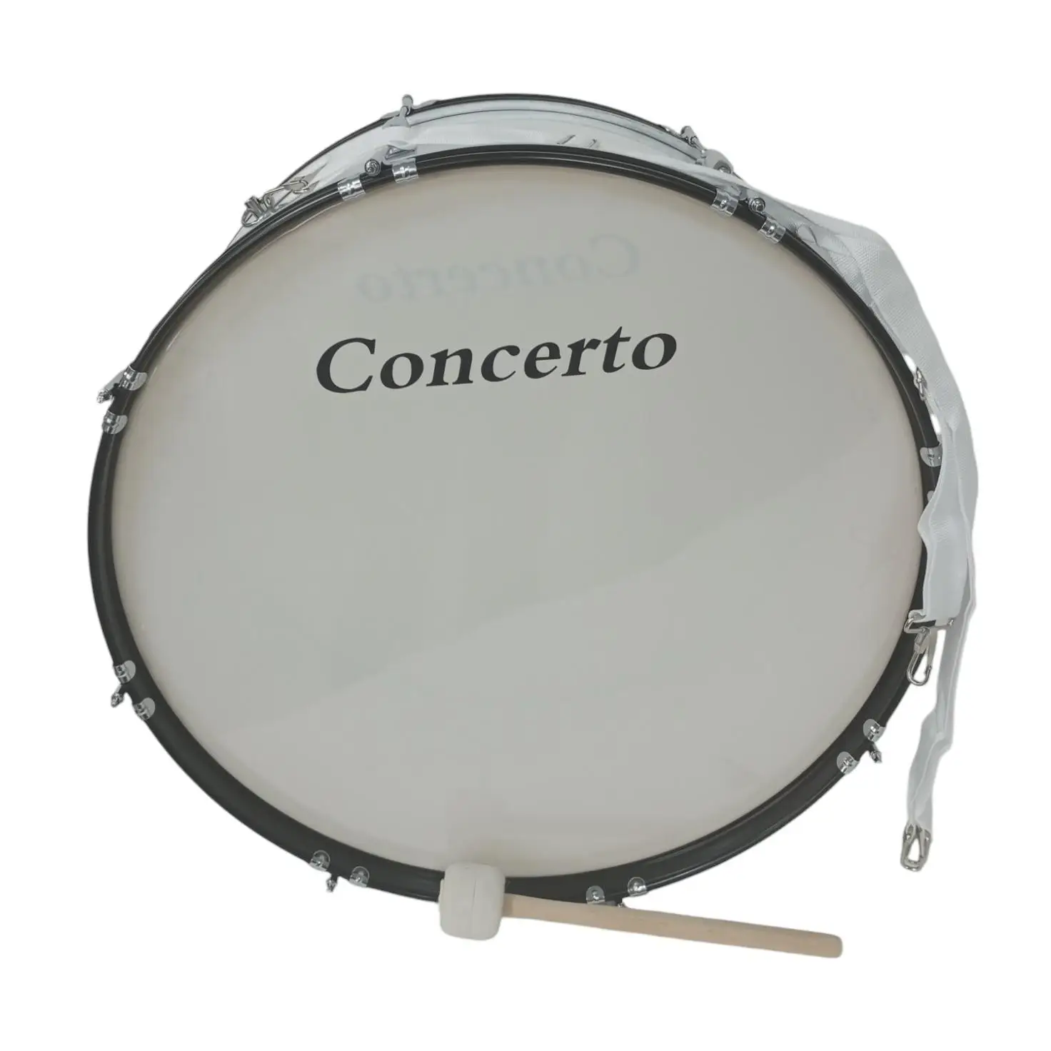 Bombo Concerto 25" x 10" Con casco de madera forrado en blanco con 1 maza bombo, correa cruzada doble de nailon y llave de afinación