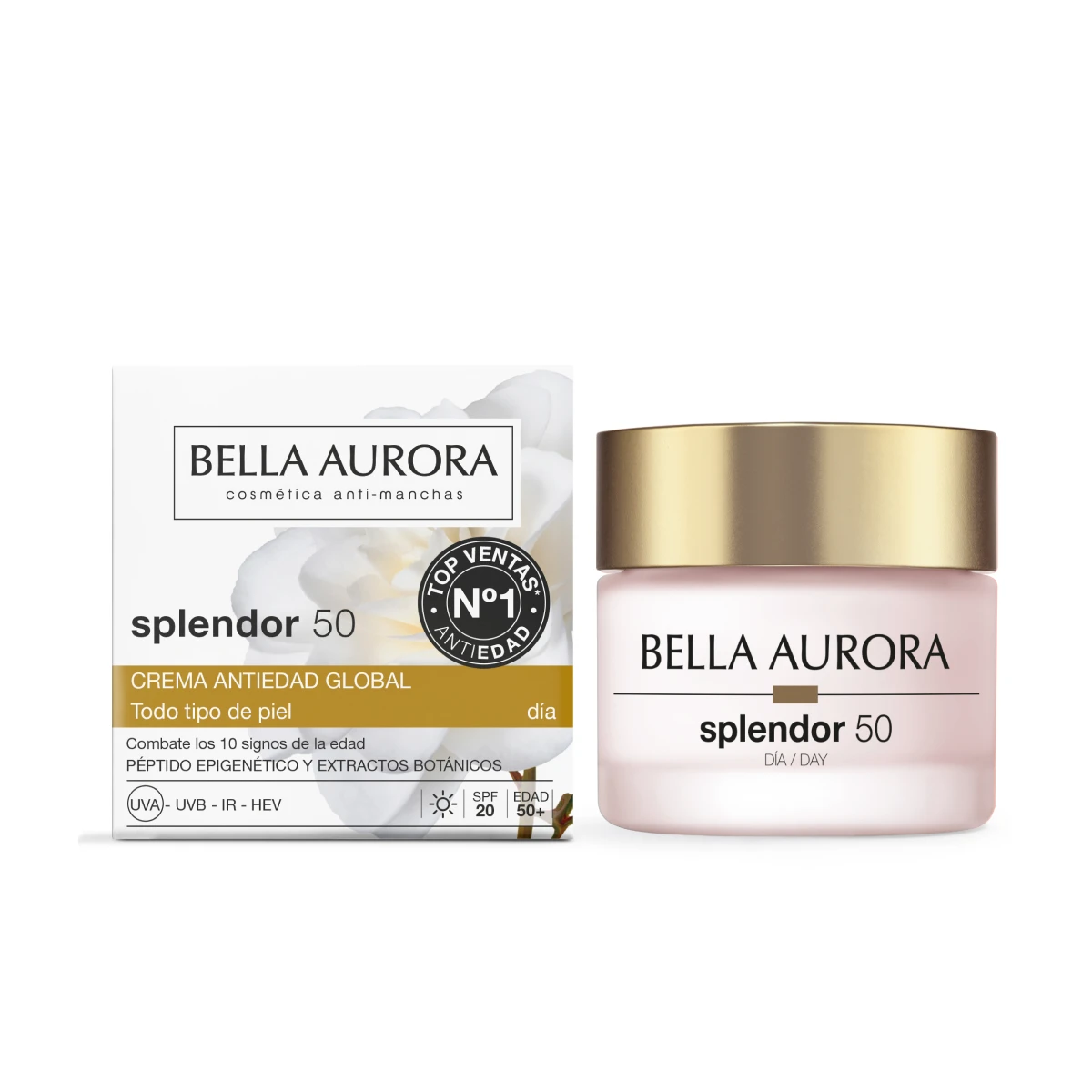 Bella Aurora Splendor 50 Crema de Día Antiedad SPF20 | Redensificante y Antimanchas | Reduce Arrugas y Mejora la Firmeza | Con Aceite de Camelia | 50 ml