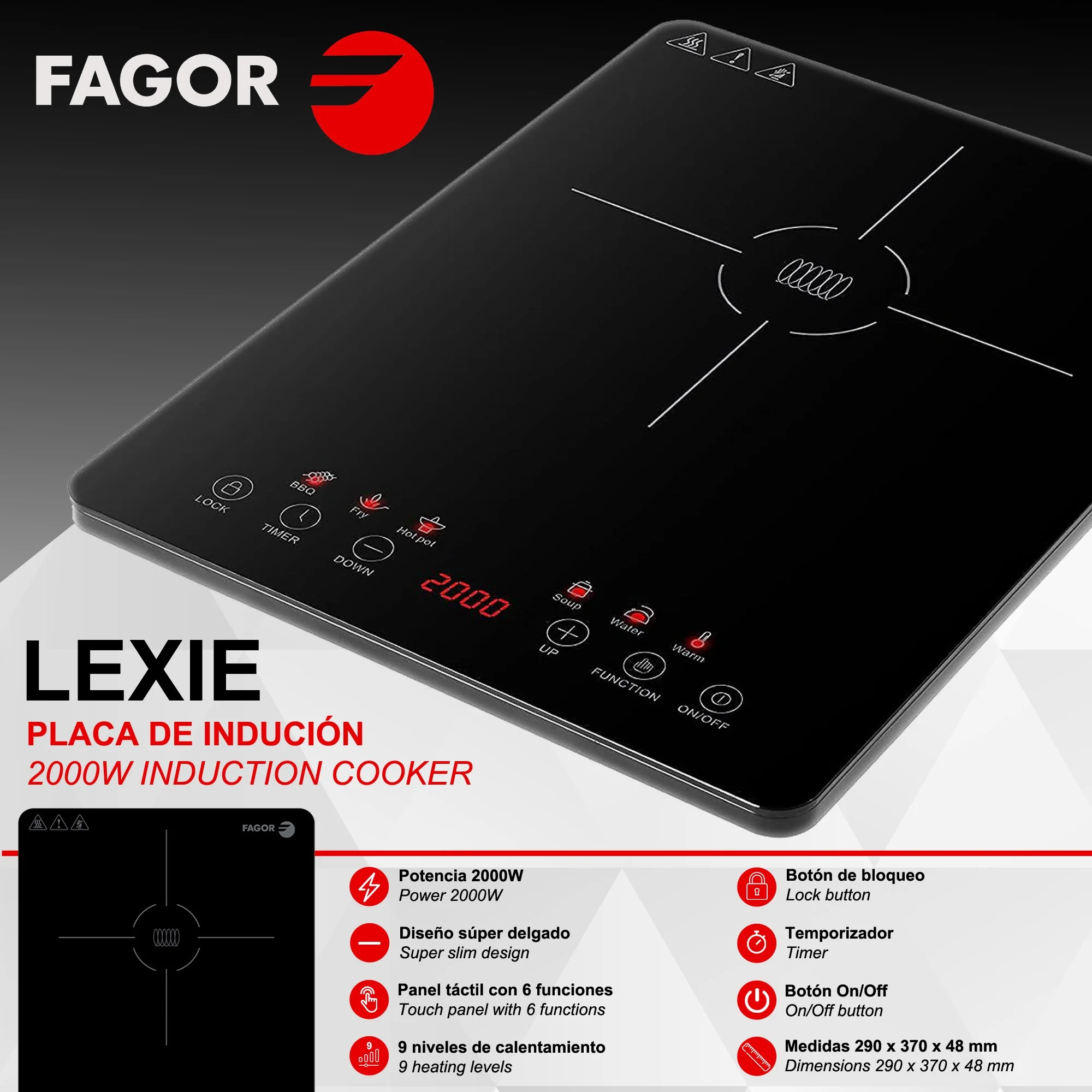 FAGOR-portable induction plate LEXIE. 2000W power and ultraslim design. Touch screen and 6 functions. 9 levels of heating.