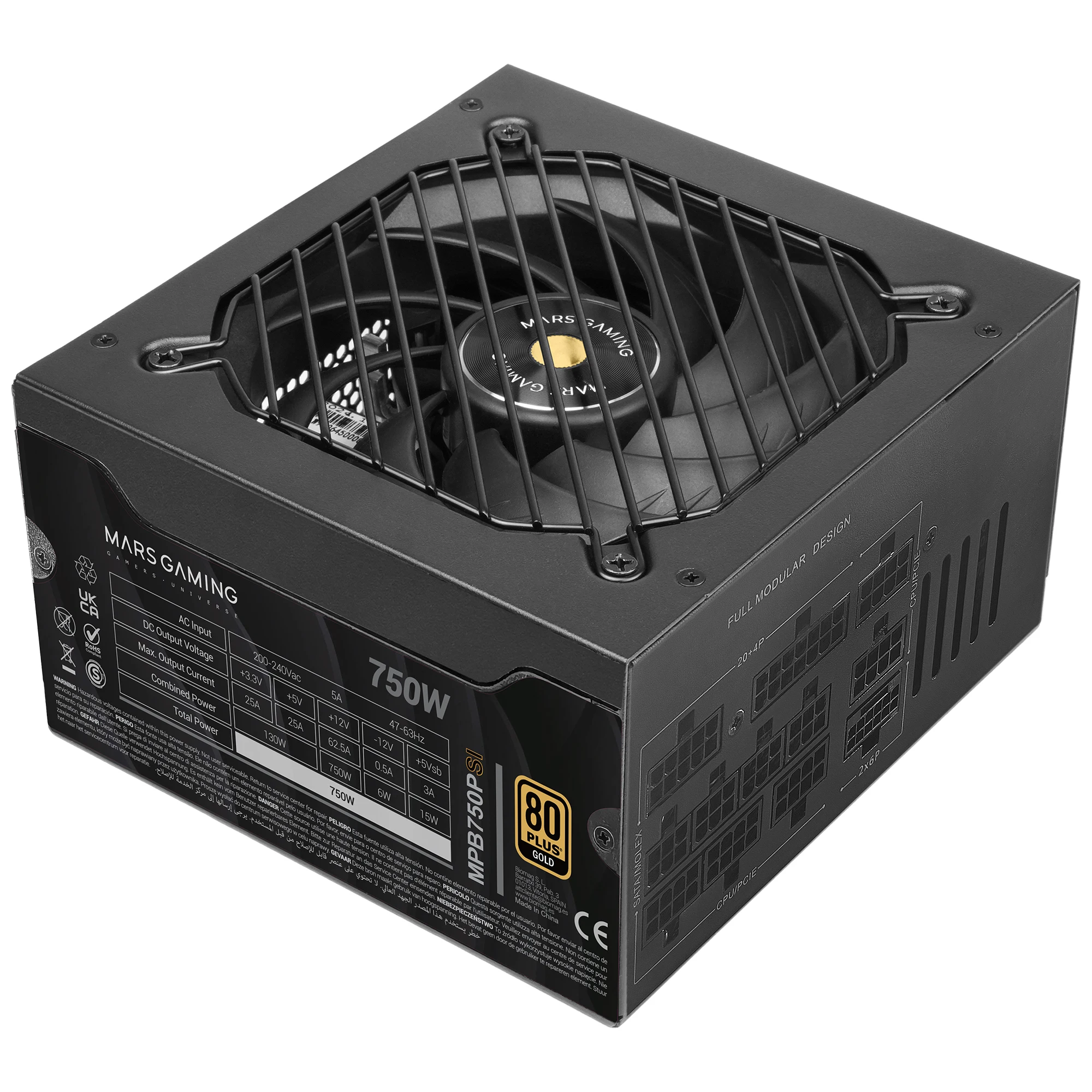 Mars Gaming MPB750PSI, Fuente de Alimentación PC Full Modular 750W, 10 Años de Garantía, 80Plus Gold 90%, Ventilador SI Extreme Silence, Tecnologías AI2-RPM, DC-DC y SMD, ATX 3.1 y PCIe 5.1, Fuente PC