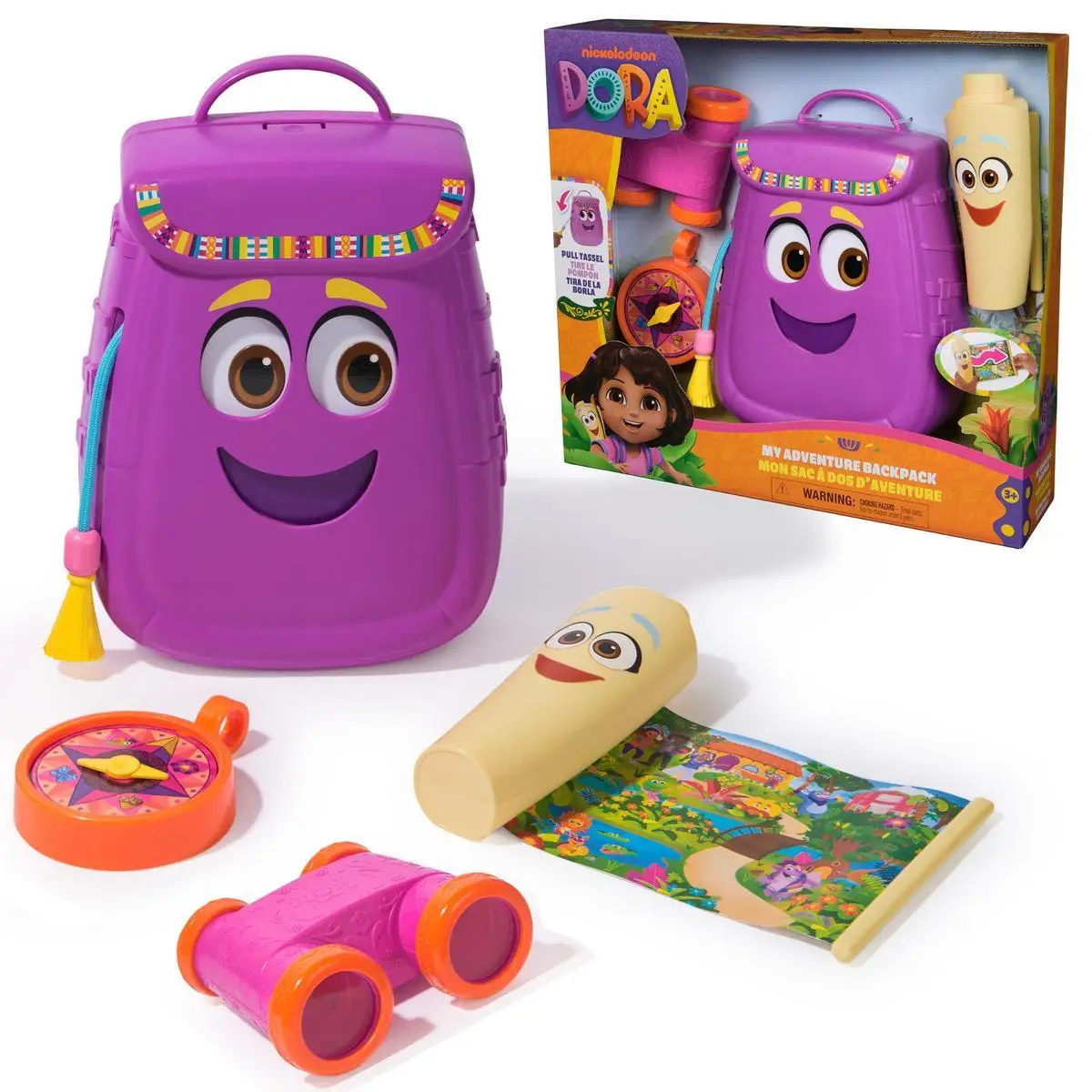 SPIN MASTER - DORA LA EXPLORADORA - Mochila de Aventuras de Dora con Accesorios de Exploración: Mapa Desplegable, Brújula y Prismáticos - 6071799 - Juguetes Niña 3 años + - Regalo Niña 3 años + -