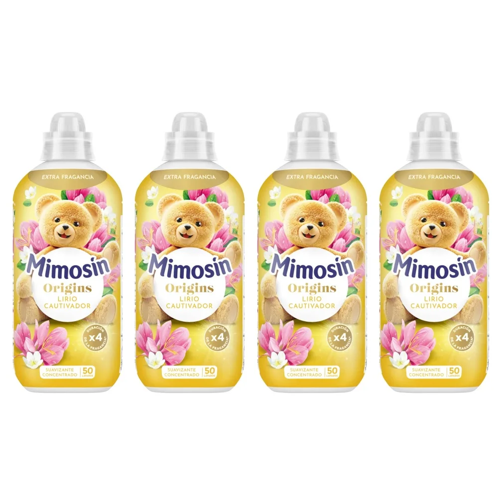 MIMOSIN Origins Suavizante Concentrado Lirio Cautivador, Pack 4 x 50 Total 200 Lavados, Duracion del Frescor x4, Fragancia refrescante y floral de limon, orquídea y vainilla, Protege las Fibras de tu Ropa y preserva el brillo del color