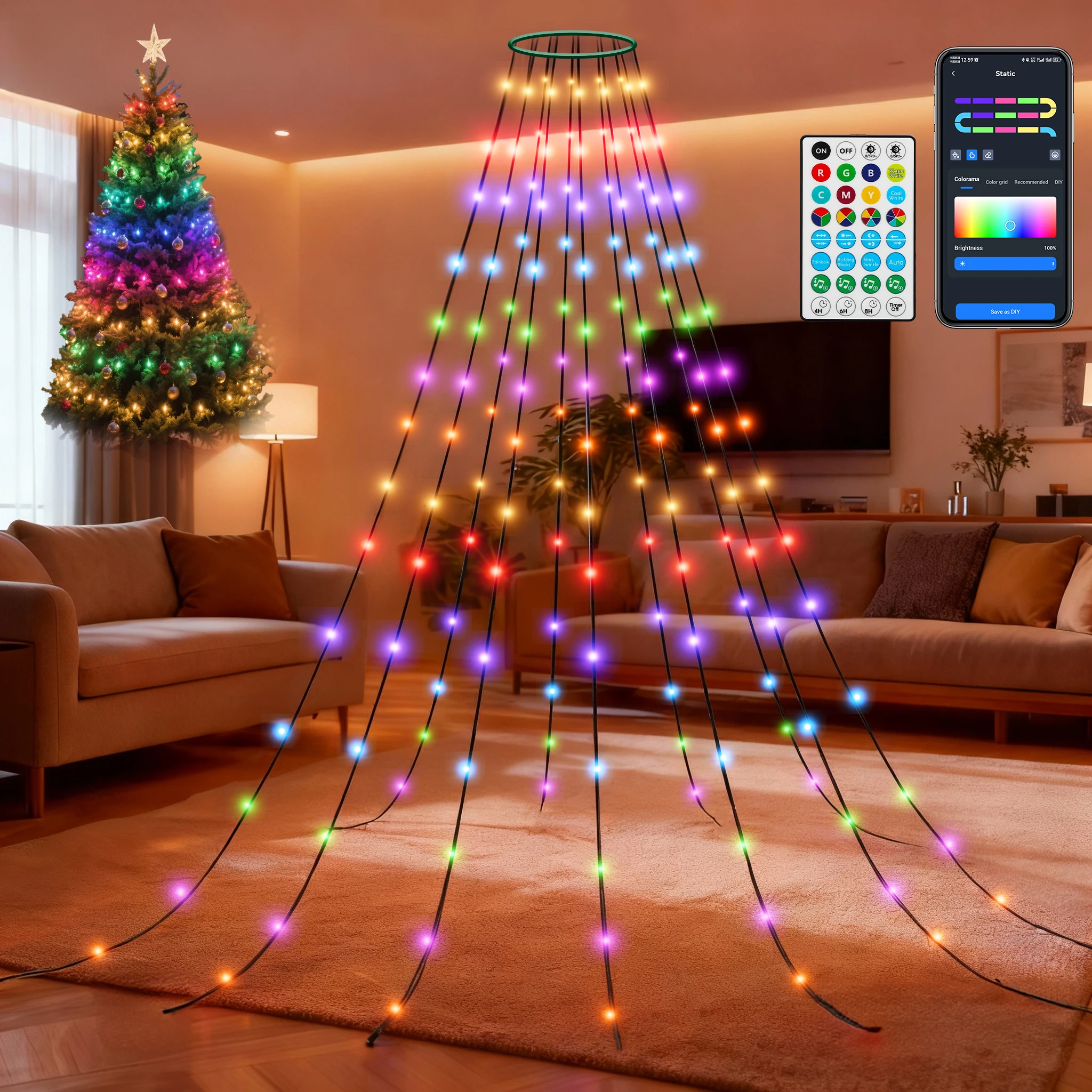 Aigostar Luces para Árbol Navidad con Anillo RGBIC Smart, 1.5M 150 Leds, Control por App y Mando, 39 Efectos Dinámicos, 150+ Escenas, Music Sync, para árbol de Navida Interior Exterior Decoracion