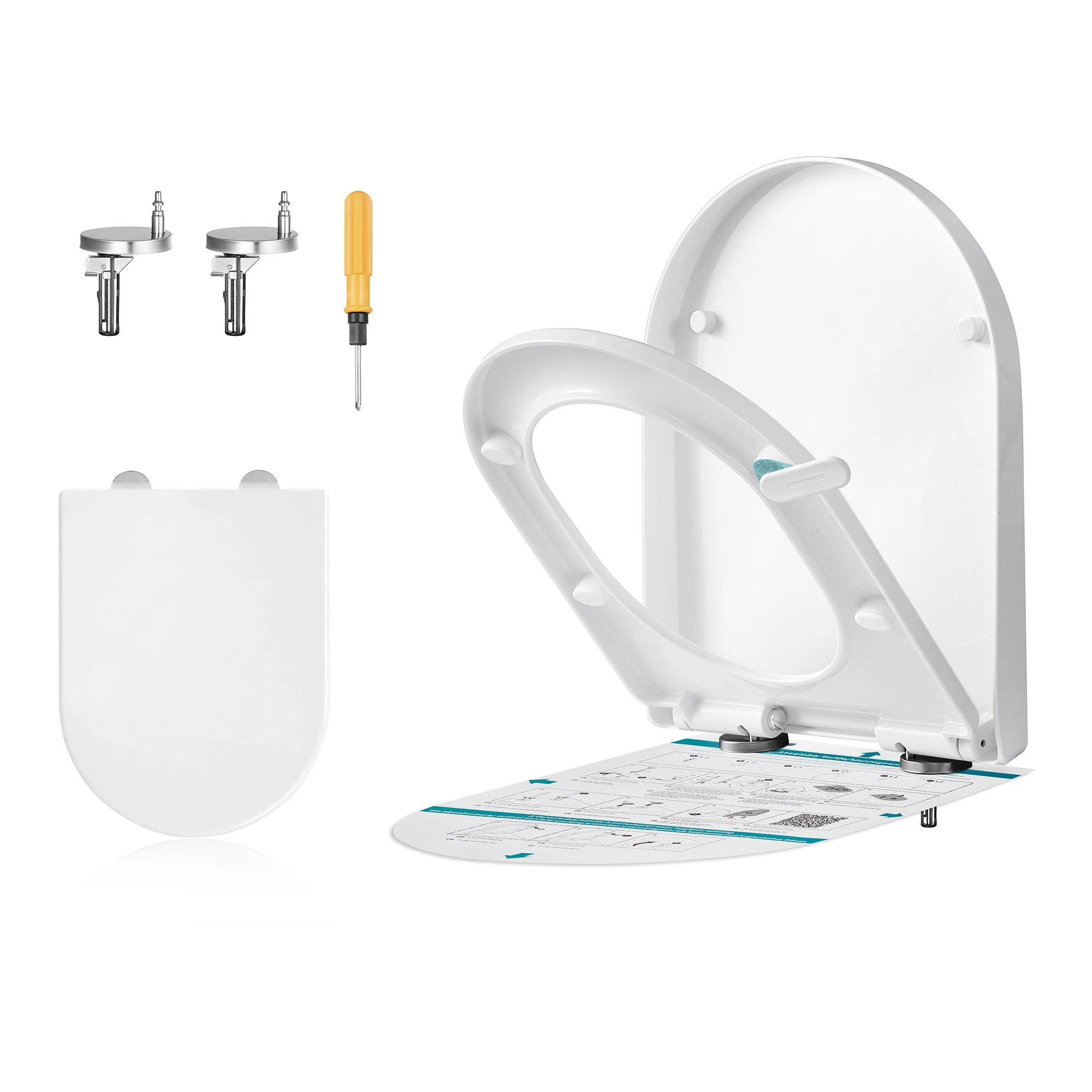 SONGMICS Tapa de WC en Forma de D Alargada, Cierre Suave, Asa, Extraíble con Clip, Tapa de Inodoro Universal, Montaje Fácil, Asiento de Plástico PP, Carga 300 kg, Blanco