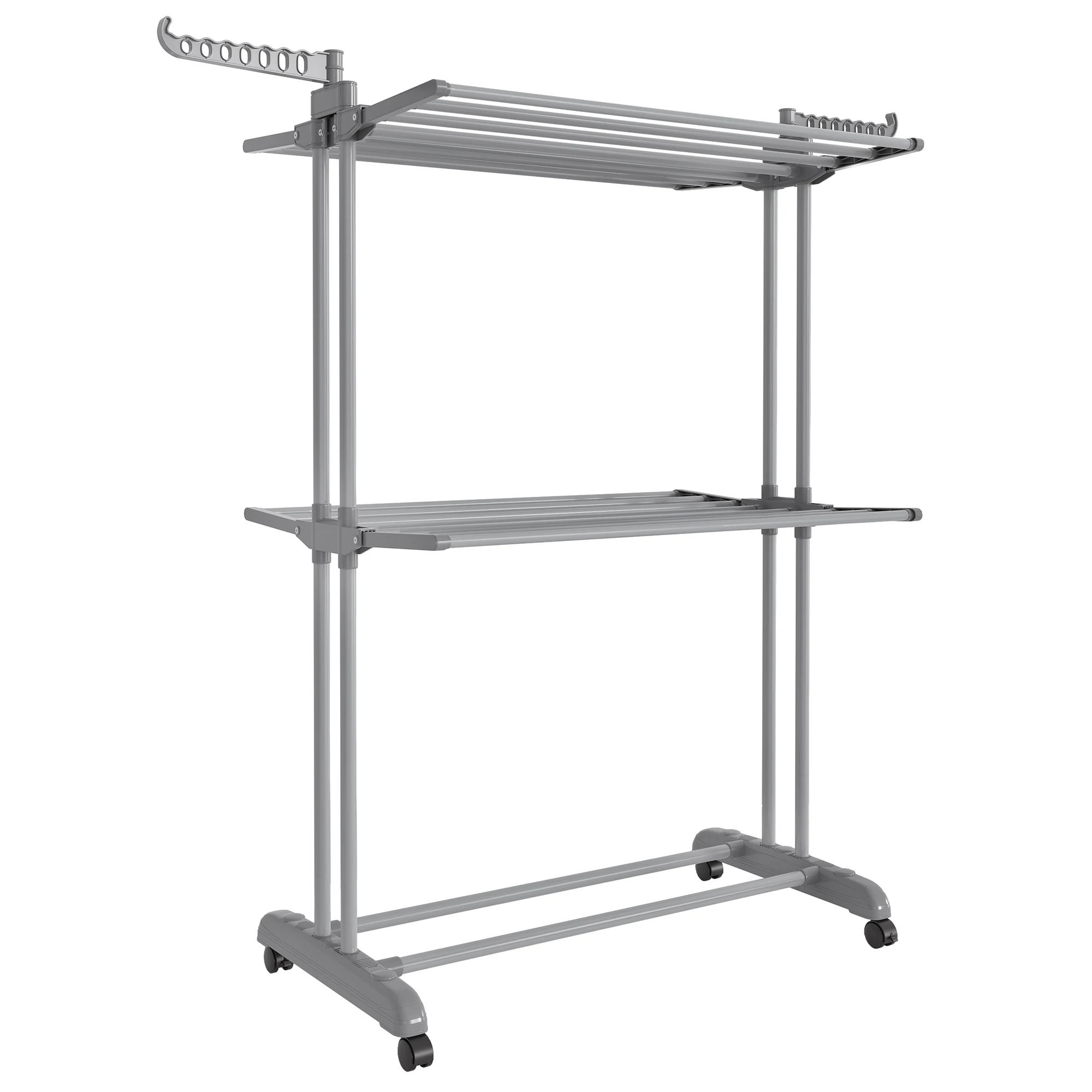 SONGMICS Tendedero, Tendedero Plegable de 3 Niveles, con Ruedas, Alas Plegables, 63,5 x 128 x 148 cm, Gran Capacidad, Montaje Fácil, Uso Interior y Exterior, Gris Paloma