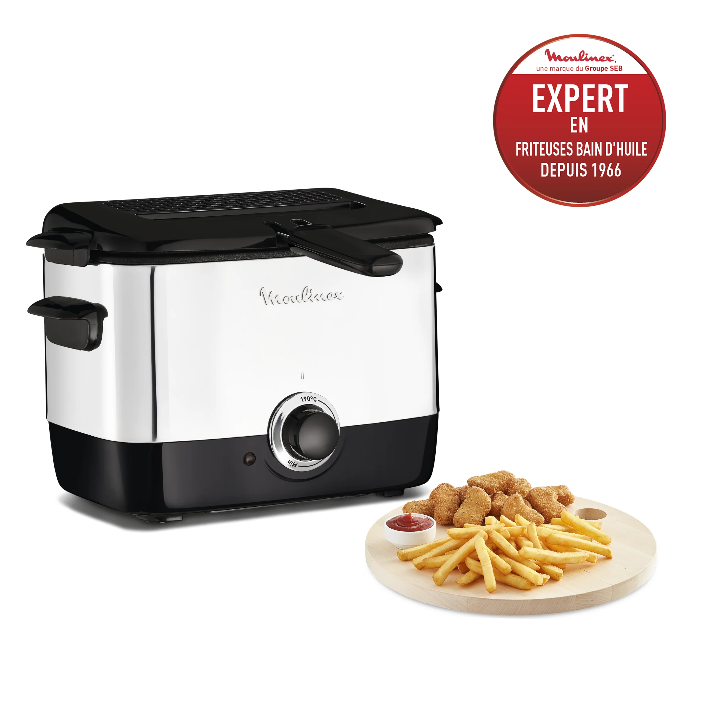 Moulinex AF220010 Freidora, Capacidad 1 l de Aceite, para Unos 600 gr de Comida, Acero Inoxidable, Bol Antiadherente, Filtro Metálico Incluido, Termostato Ajustable, Plástico, Negro, Plateado