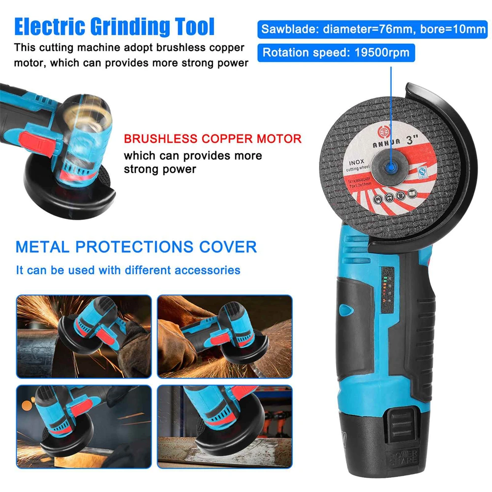 12v cordless electric angle grinder 19500rpm mini polishing grinding machine with 2 battery