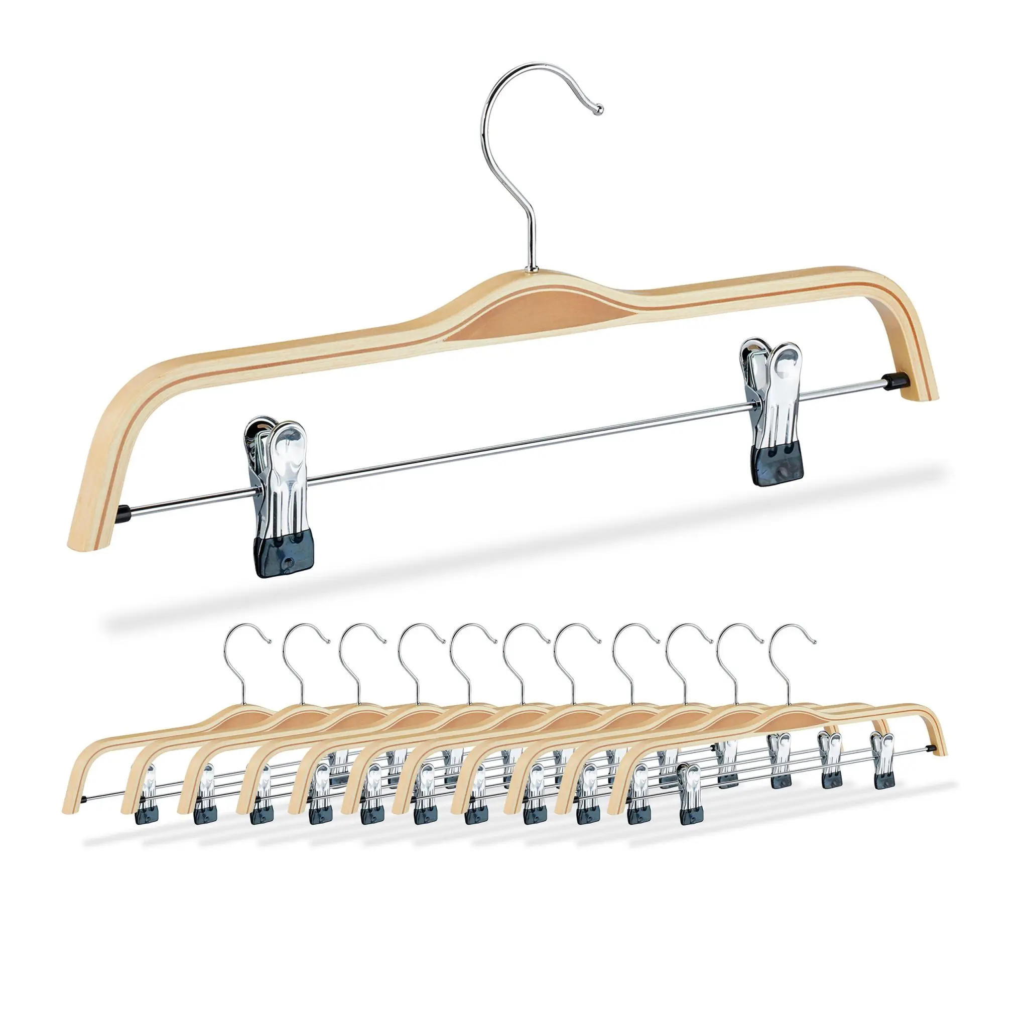 Perchas de Madera para Pantalones con Clip Antideslizante, Superficie Lisa y Acabado Pulido – Perchas Resistentes y Duraderas para Pantalones Largos, Faldas y Ropa Delicada, Ideal para Armarios y Exhibición de Ropa,