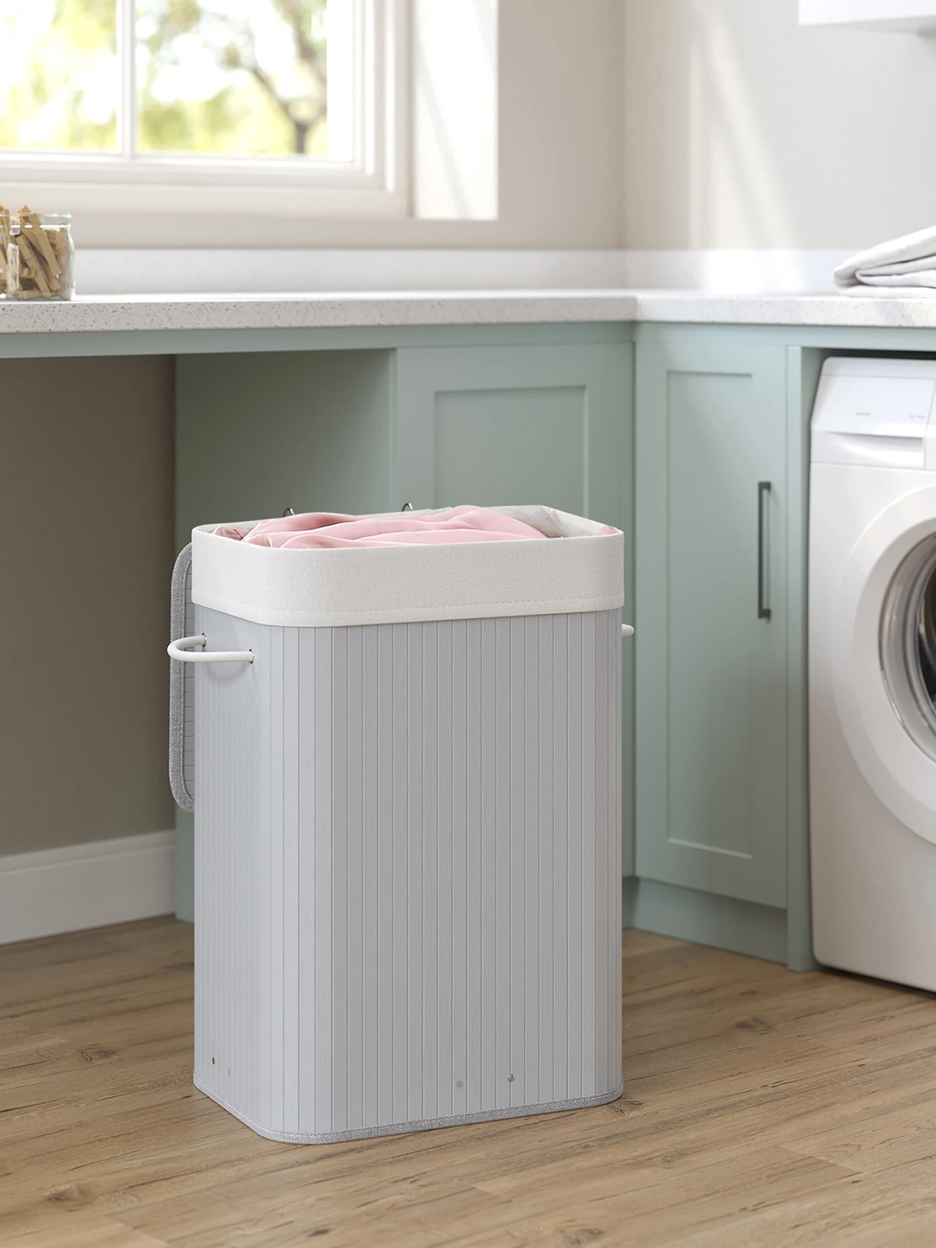 Songmics dirty clothes basket with lid, 72 l, bamboo laundry basket, foldable, with removable washable bag, handles, for laundry, bedroom, grey/natural/black/white