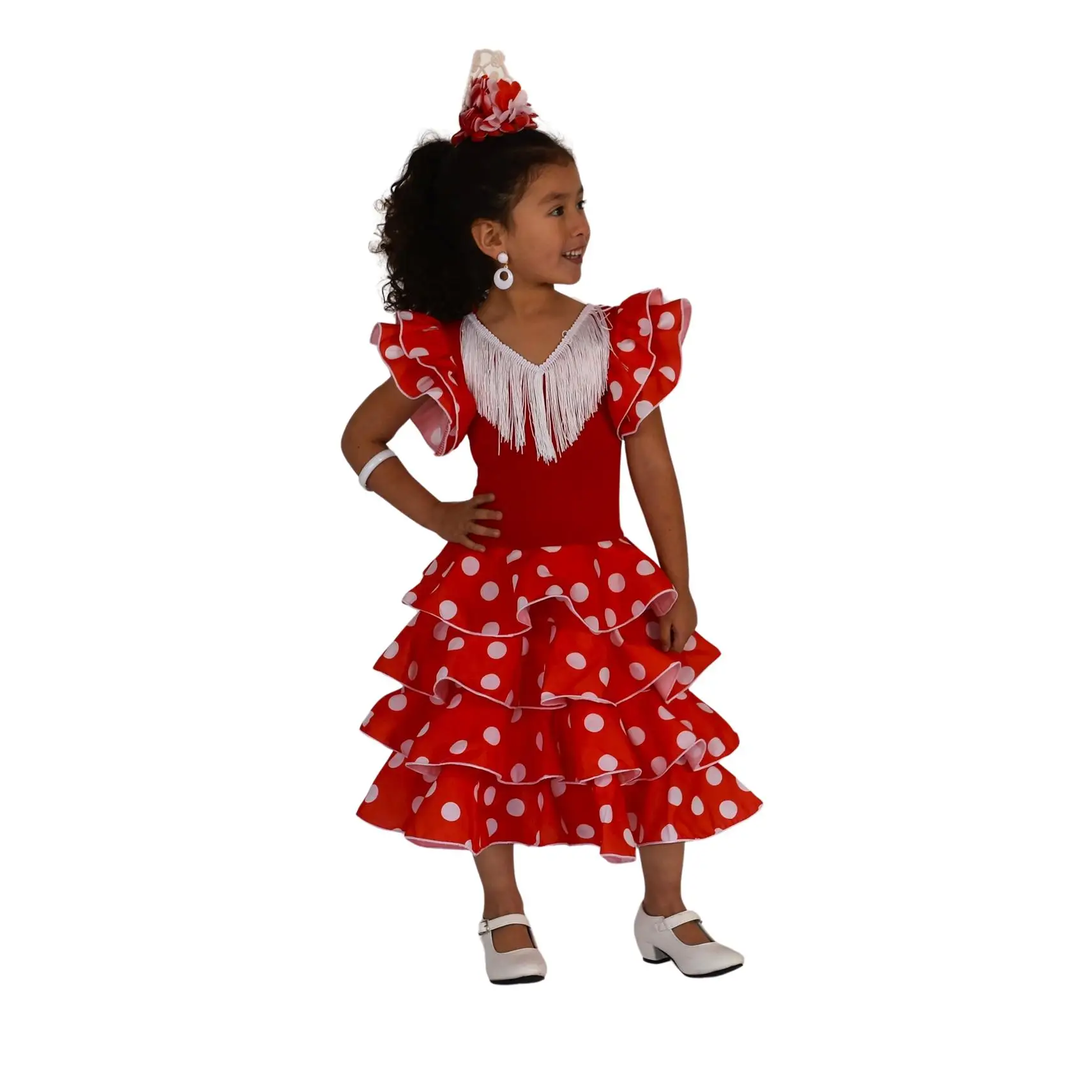 ANUKA Flamenco Girl Sevillanas Long Popin White Polka Dots White Fringed Skirt Three Ruffles Sleeve Double Ruffle Streck Body Elastic Polyamide