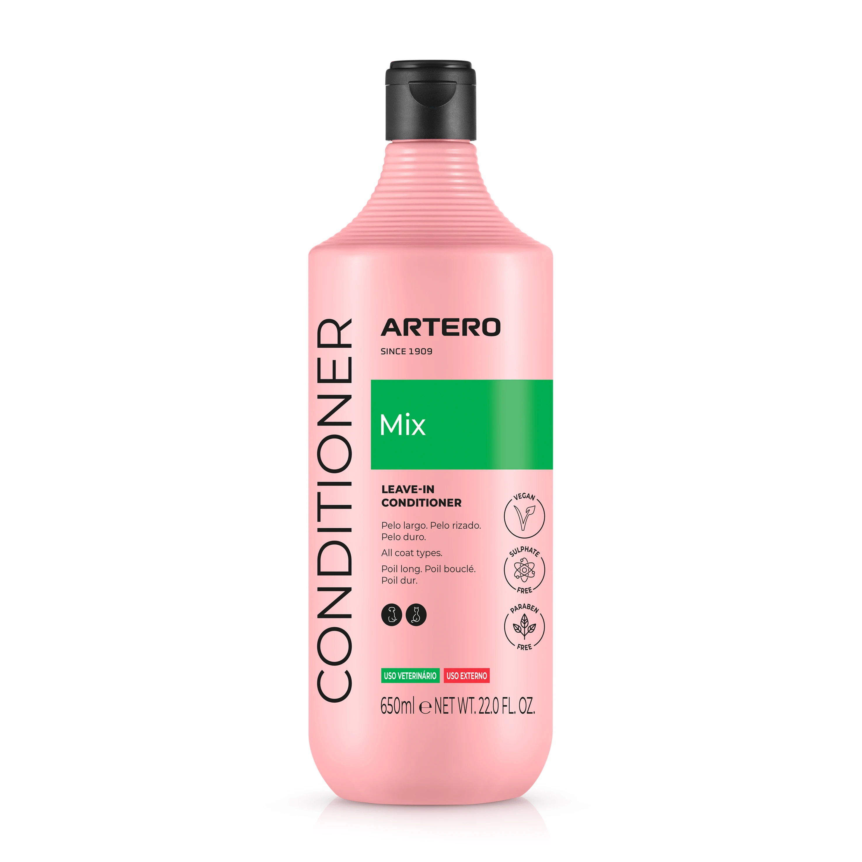 Artero Mix. Acondicionador Multifase para Perros y Gatos, Desenreda e Hidrata el Pelaje. Ideal para Todo Tipo de Pelo, Uso Diario y Profesional. Sin aclarado. Reduce el Tiempo de Secado. 650 ML