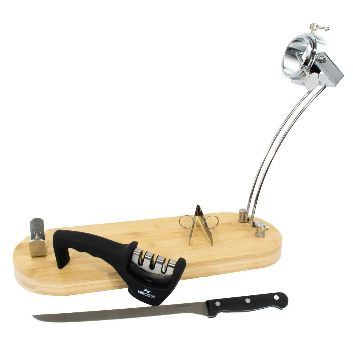 Fackelmann Set Soporte Jamonero Plegable y Giratorio de Bambú, incluye Cuchillo Jamonero Nirosta Mega 24/36 cm, Afilador de Cuchillos Nirosta 3 Pasos y Pinza para Jamón 11 cm de Acero Inoxidable