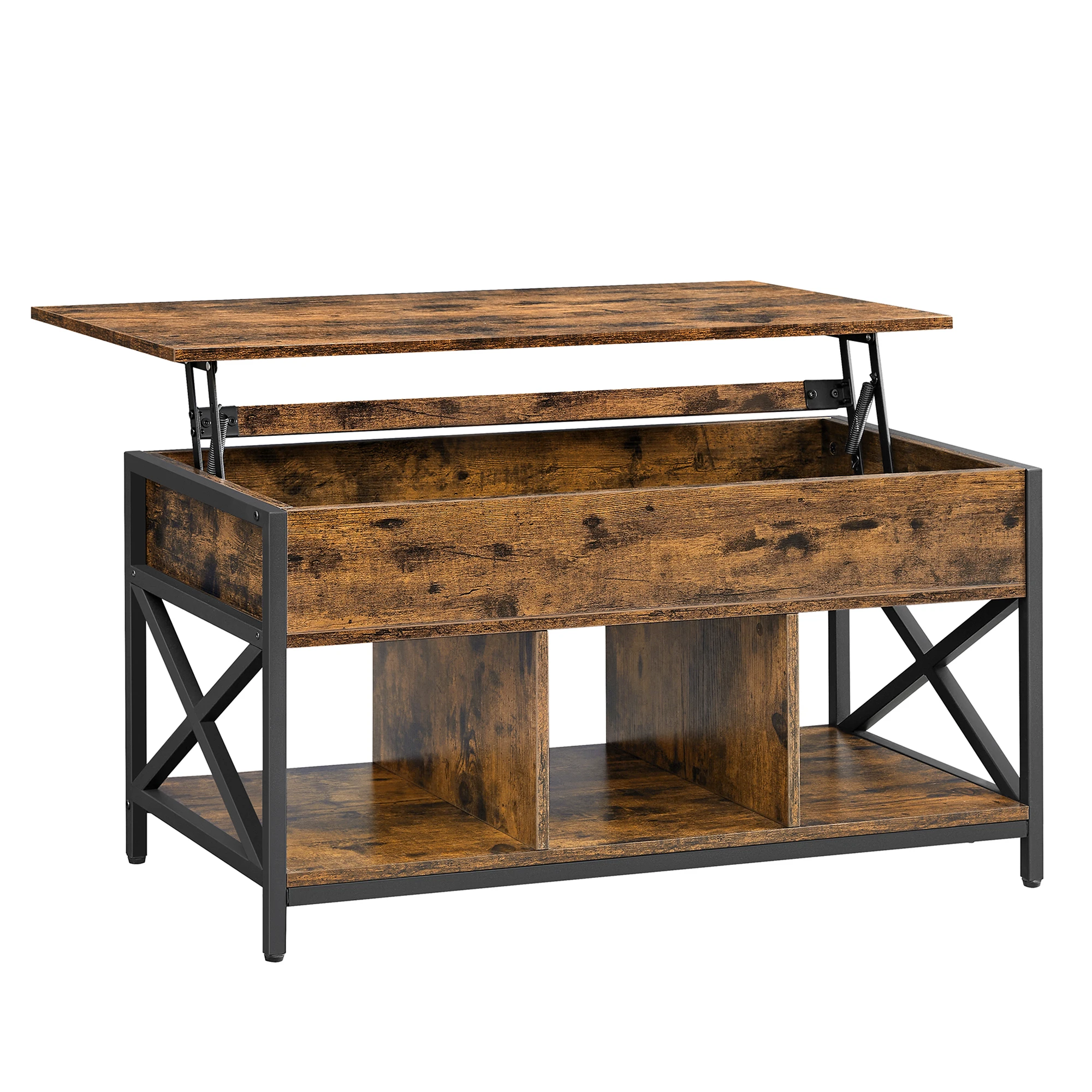 VASAGLE Mesa de Centro con Tablero Elevable, Mesa de Café, Compartimento Oculto y Compartimentos Abiertos, Marco de Acero, 50 x 100 x (46,5-62) cm, Marrón Rústico y Negro/Marrón Camello y Negro