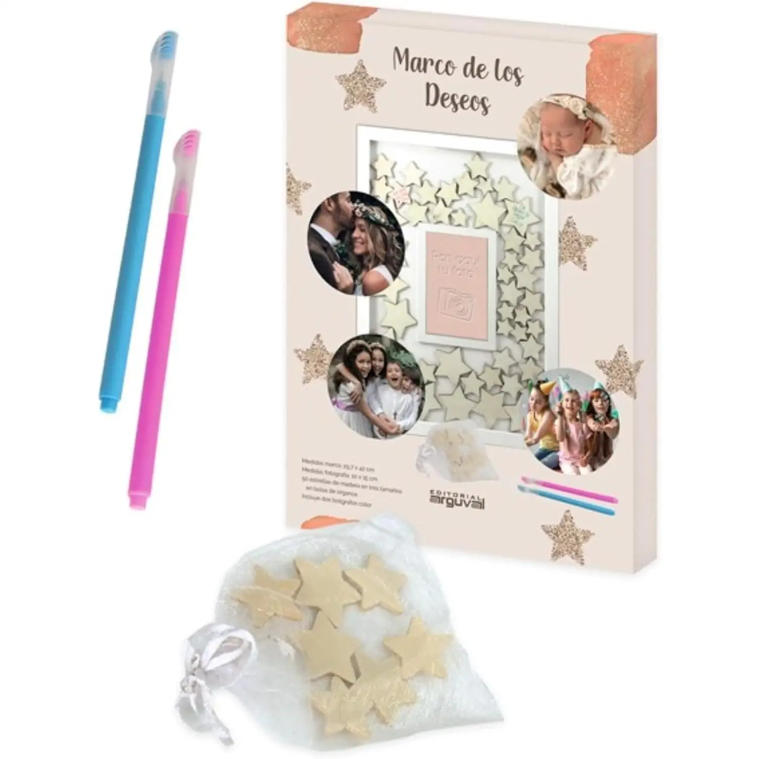 ARGUVAL® - Marco de los deseos con 50 estrellas de madera | Personalizable con foto de 10x15cm | Medidas: 42x29cm