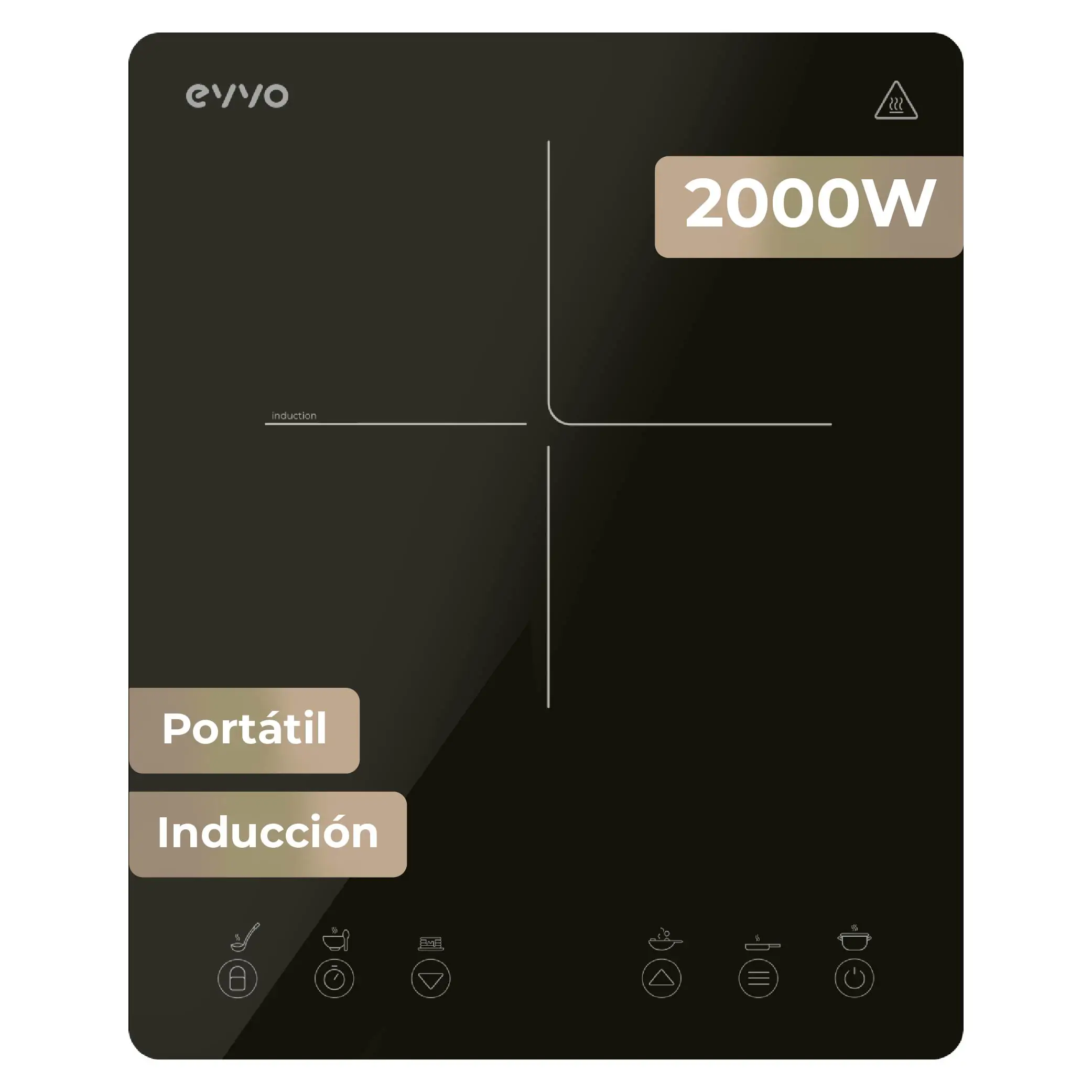 Placa de Inducción Portátil EVVO V26 Trip, 2000W, Control Táctil, Ajuste de Temperatura y Potencia, Temporizador , Compacta