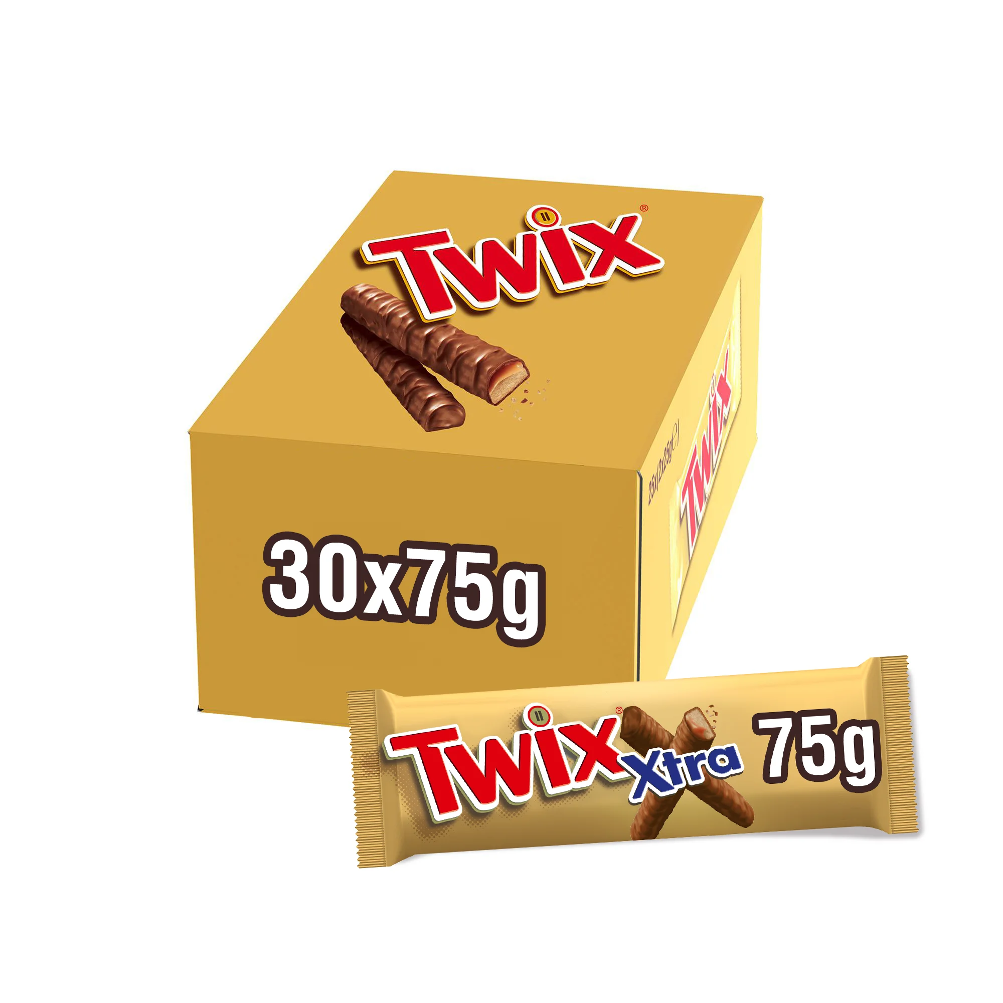Twix Xtra Barritas extra largas de Chocolate con leche, galleta y caramelo, 30 x 75g, Snack apto para Veganos