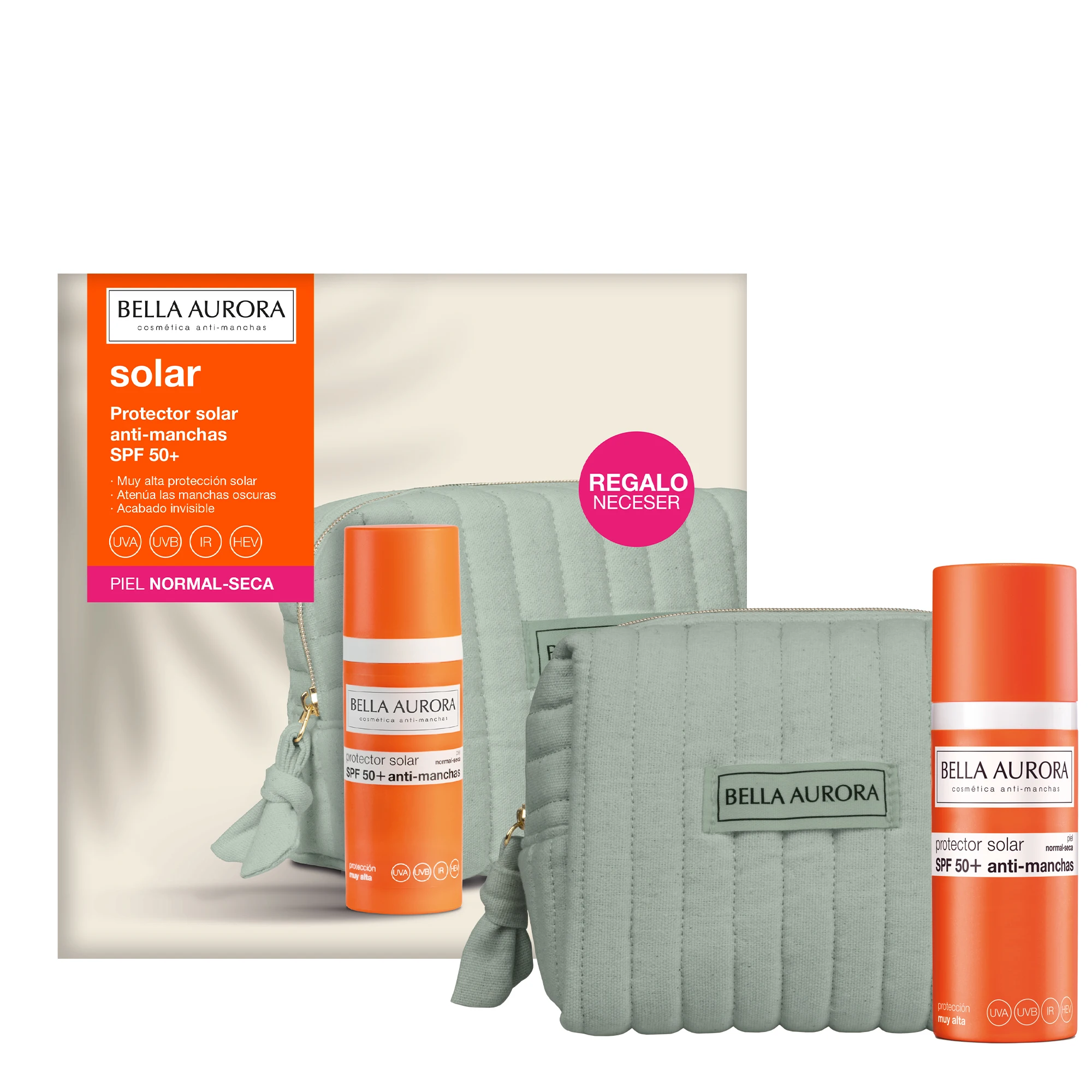 BELLA AURORA Pack Fluido Solar SPF50+ para Piel Normal-Seca | Protector Solar Facial Anti-Manchas con Alta Protección UVA, UVB, IR y HEV | 50 ml + Neceser Regalo