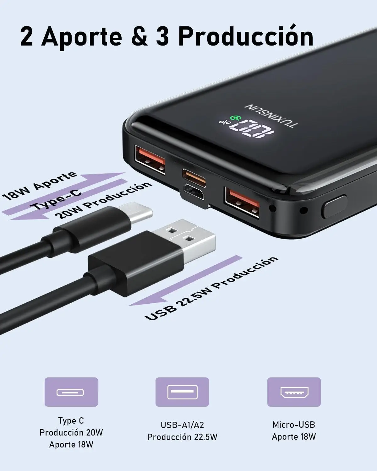 Power Bank 22.5W 20000mAh Bateria Externa Carga Rapida, Bateria Portatil PD3.0 QC4.0, Powerbank USB C Input & Output con Pantalla LCD Compatible con Smartphones, smartwatches, etc 4
