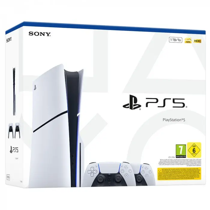 PlayStation 5 Console 1TB Slim with 2 DualSense Controllers, includes ASTRO'S PLAYROOM game, perfect for multiplayer gaming, optical disc media, and additional accessories for enhanced gameplay.