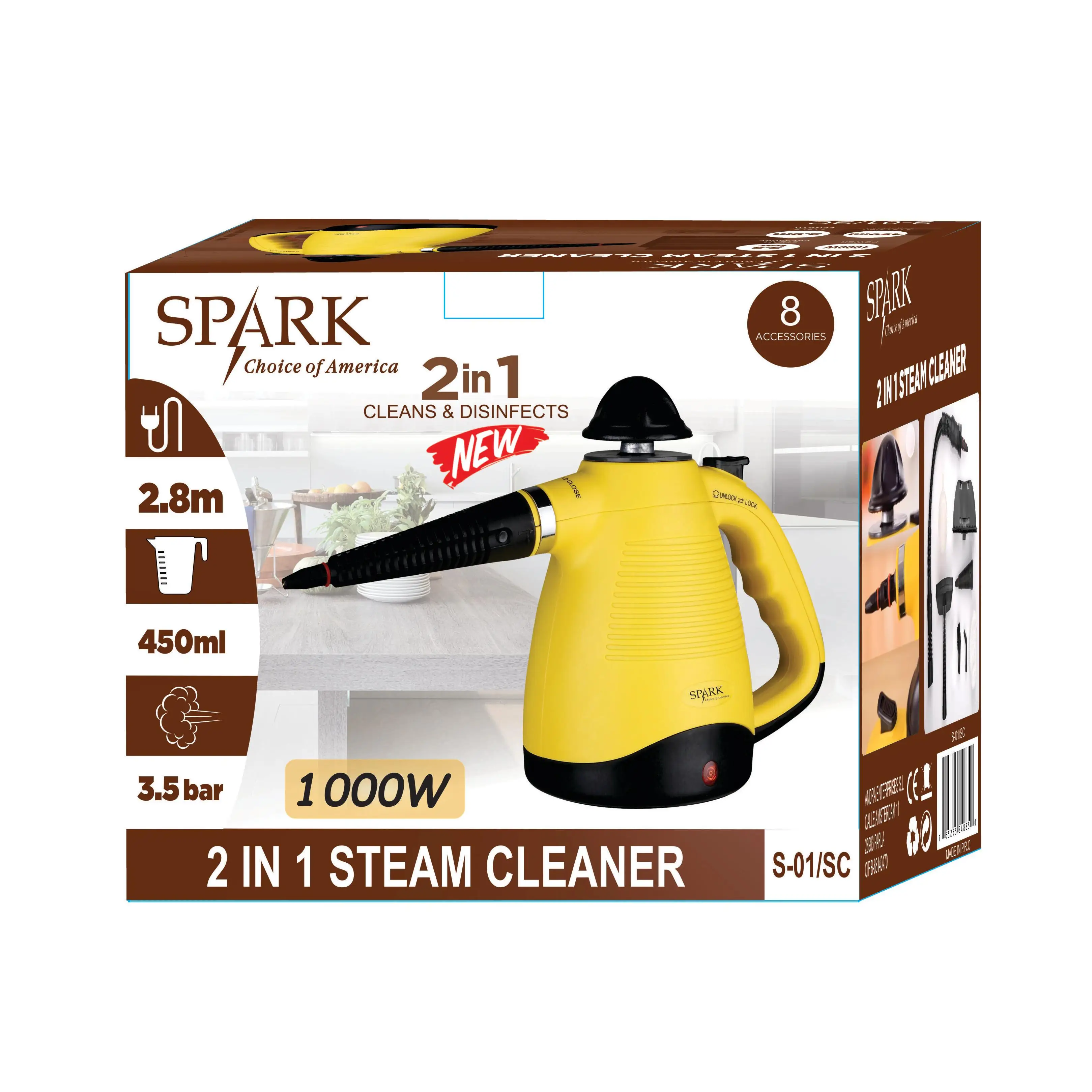 SPARK - Limpiador A Vapor 2en1 - LIMIPIA Y DESINFECTA - 3.5 bar DE PRESIÓN, CAPACIDAD 450 ml CABLE 2.8M POTENCIA 1000W ACCESORIOS MÚLTIPLES, VAPORETA HOGAR COCHE OFICINAS COCINAS BAÑOS BALDOSAS STEAM