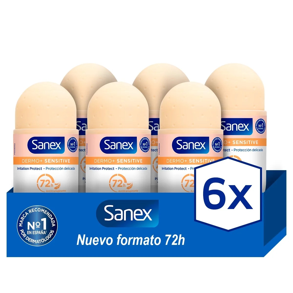 Sanex Dermo Sensitive Desodorante Roll-On Unisex 50ml, 72H Protección, Piel Sensible, 0% Alcohol. Pack 6
