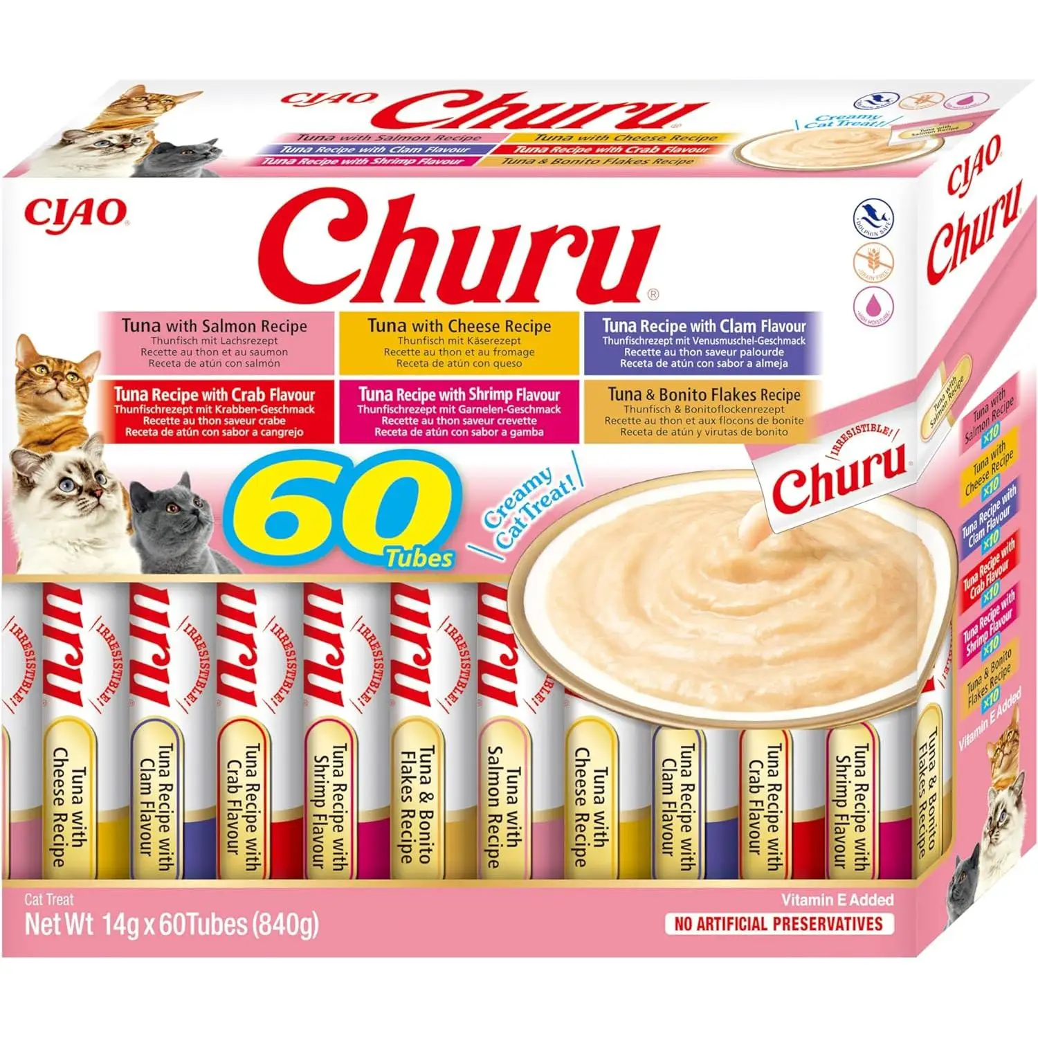 CHURU – INABA,  60 UNIDADES MIX Variedades de Snacks Sludables Base De ATÚN, Premio para Gatos, Premio Delicoso, Snack Liquido