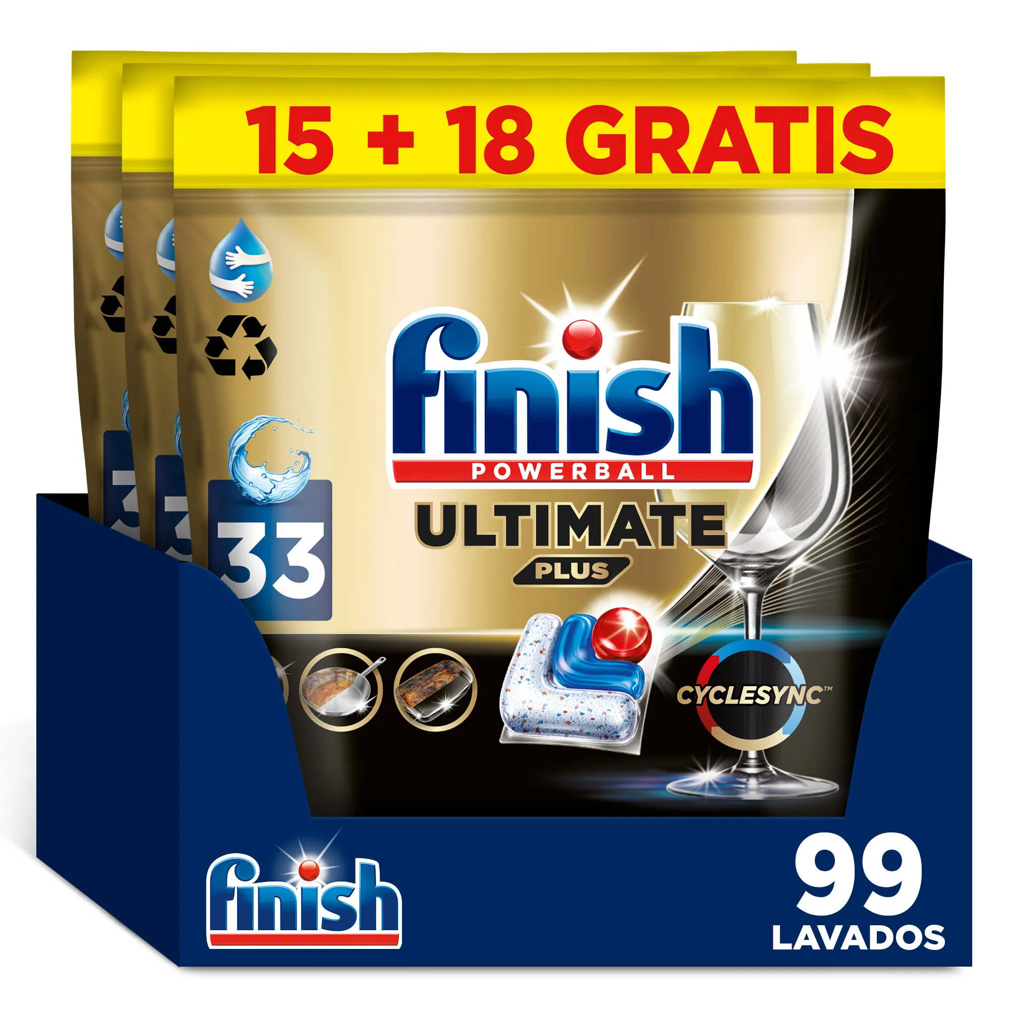 Finish Ultimate Plus Limpieza y Brillo Intensivos, Pastillas para el Lavavajillas, Limpieza intensiva, brillo diamante + protección vajilla, 99 lavados