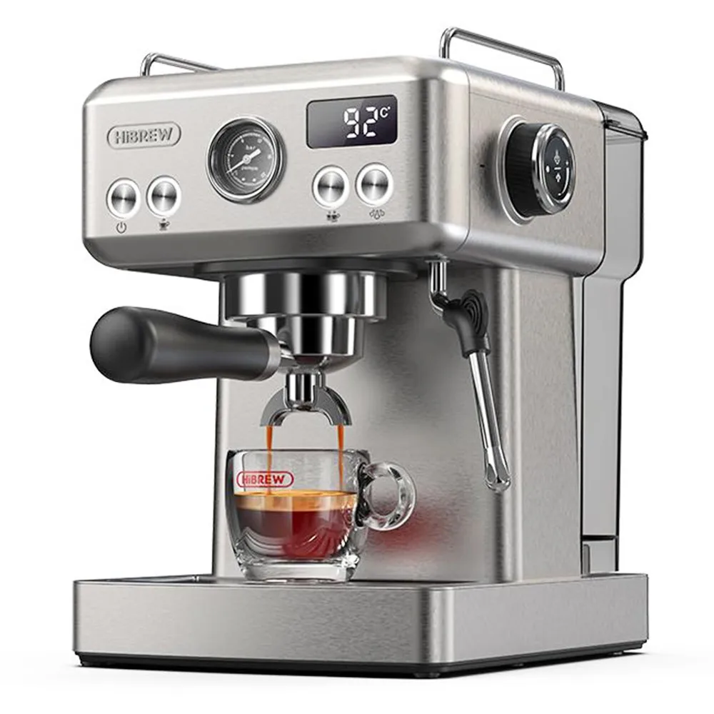 Cafetera portátil automática Express Hibrew H10a - Máquina de café expreso programable, acero inoxidable cepillado, temperatura y volumen de taza ajustables, tanque de agua extraíble de 1,8 l,