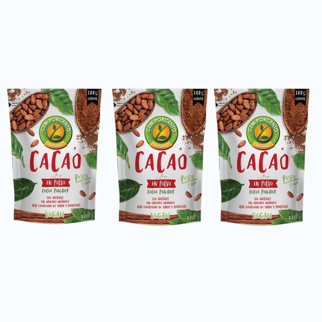 Cem Porcento Cacao en Polvo 100% Natural - 1Kg x 3 - Azala